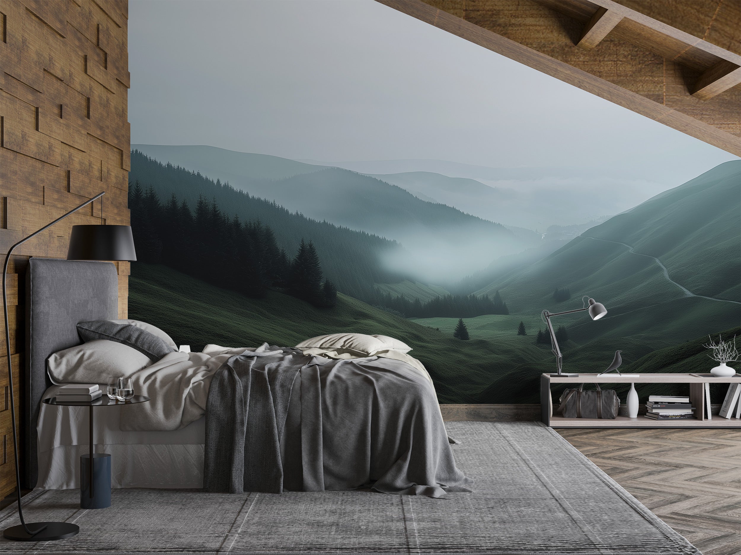 Misty mountain valley mural in a modern bedroom with rolling green hills, fog, and distant evergreens across a cozy, bedlit s
