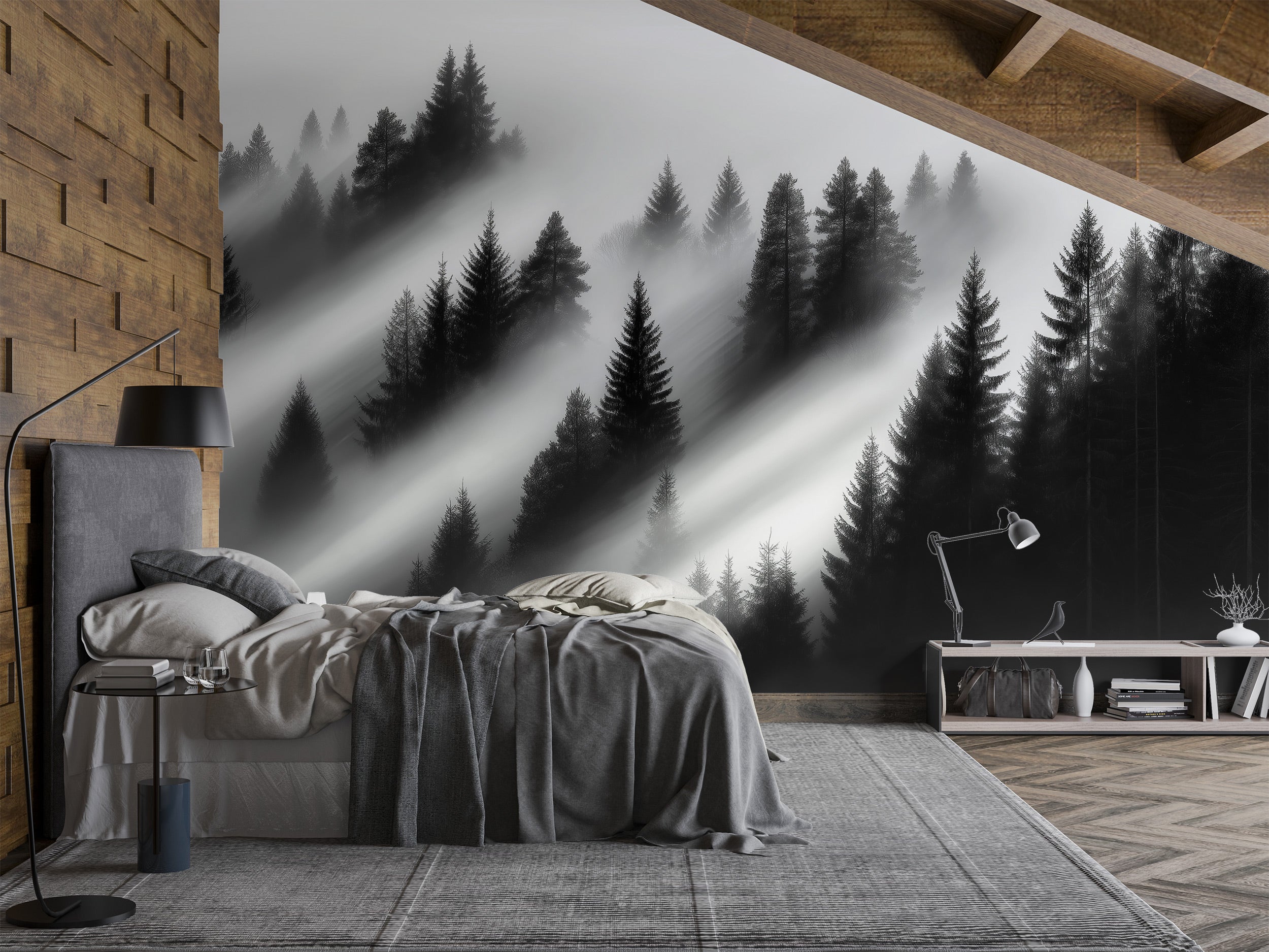Misty forest mural in a modern bedroom with black and white foggy evergreen trees on the wall behind a cozy bed and neutral d