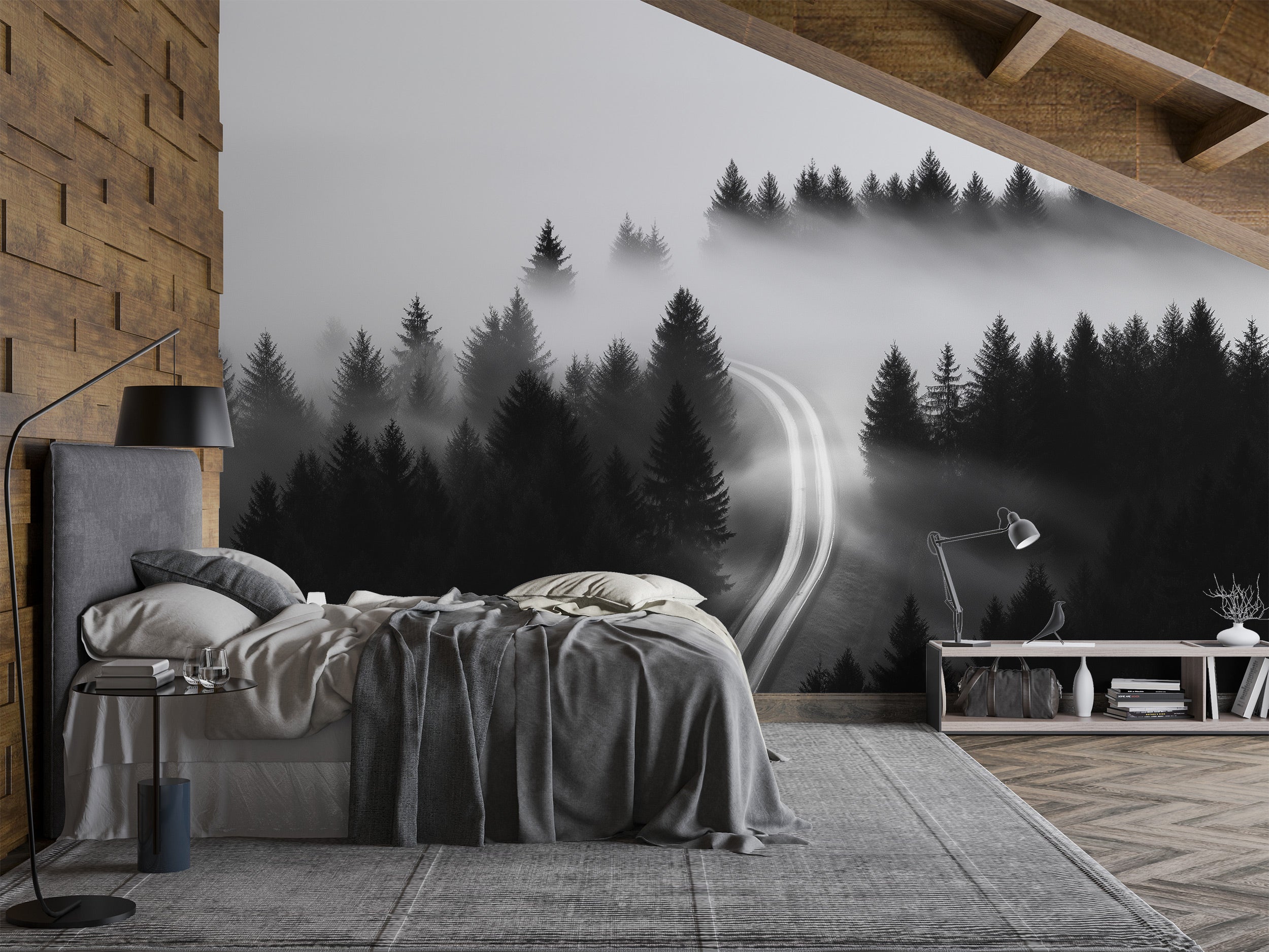 Mist y forest road mural in grayscale on bedroom wall, misty trees and winding road with cozy modern decor and soft lighting