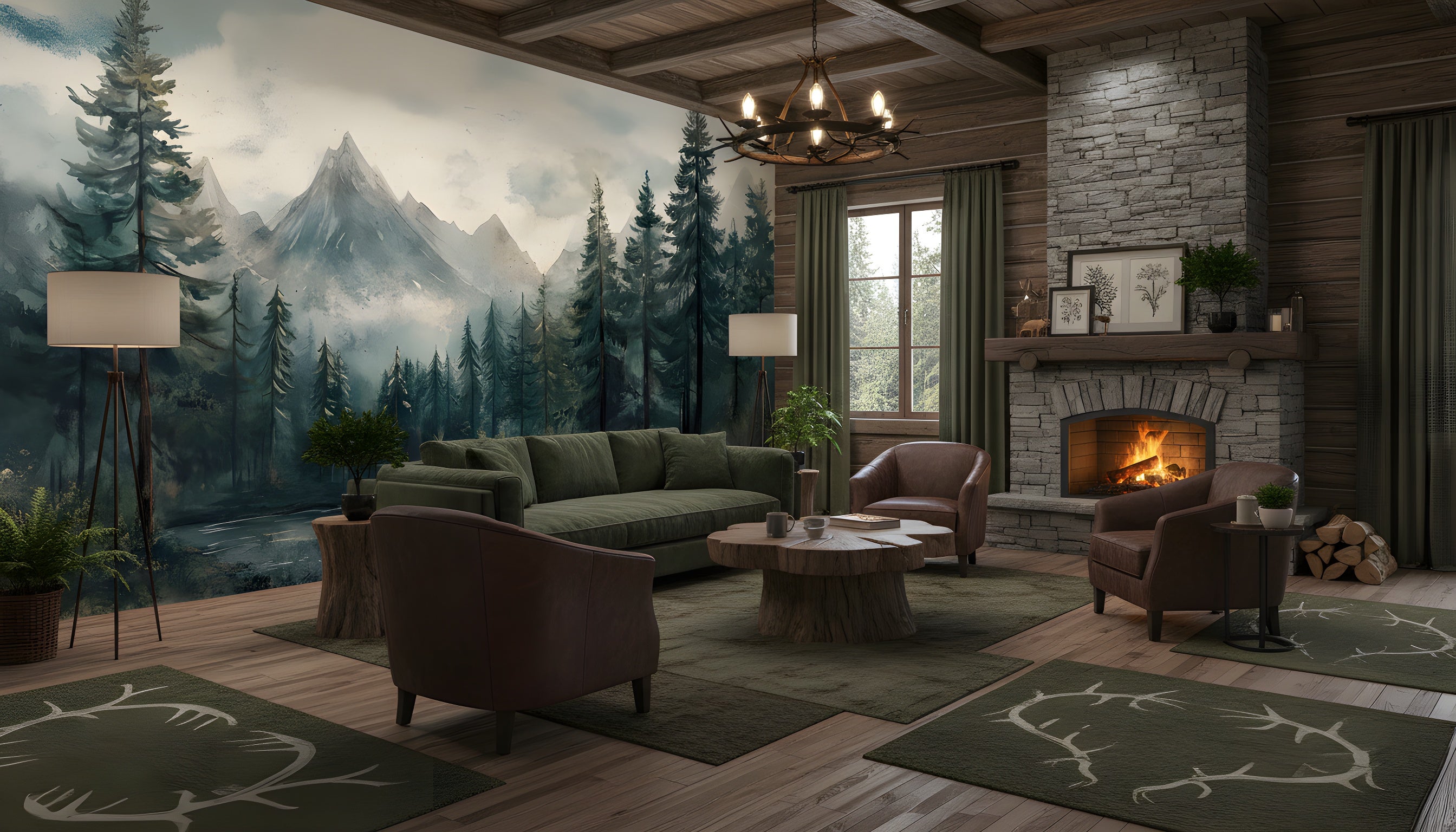 Living room with a large mountain forest lake mural featuring evergreen trees and misty peaks, green sofa, wood tones, fireplace, and cozy seating