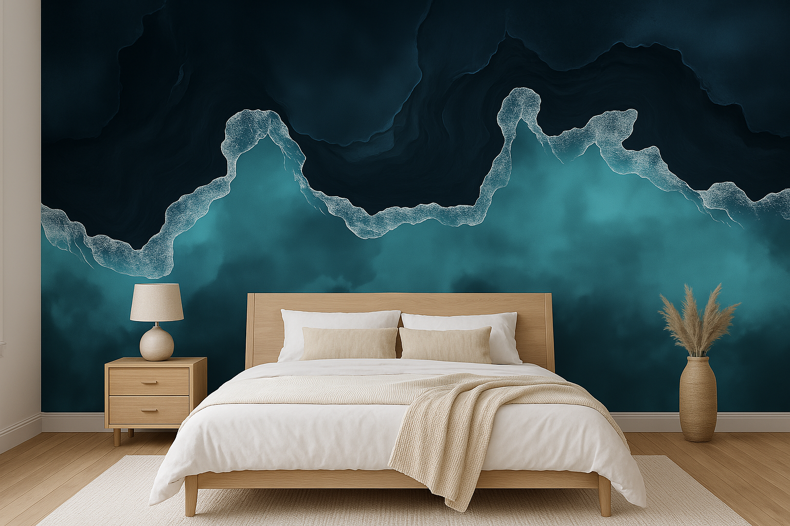 Ocean waves mural in teal and navy hues on a bedroom wall, with a wooden bed, nightstand, and cream decor for a coastal retre