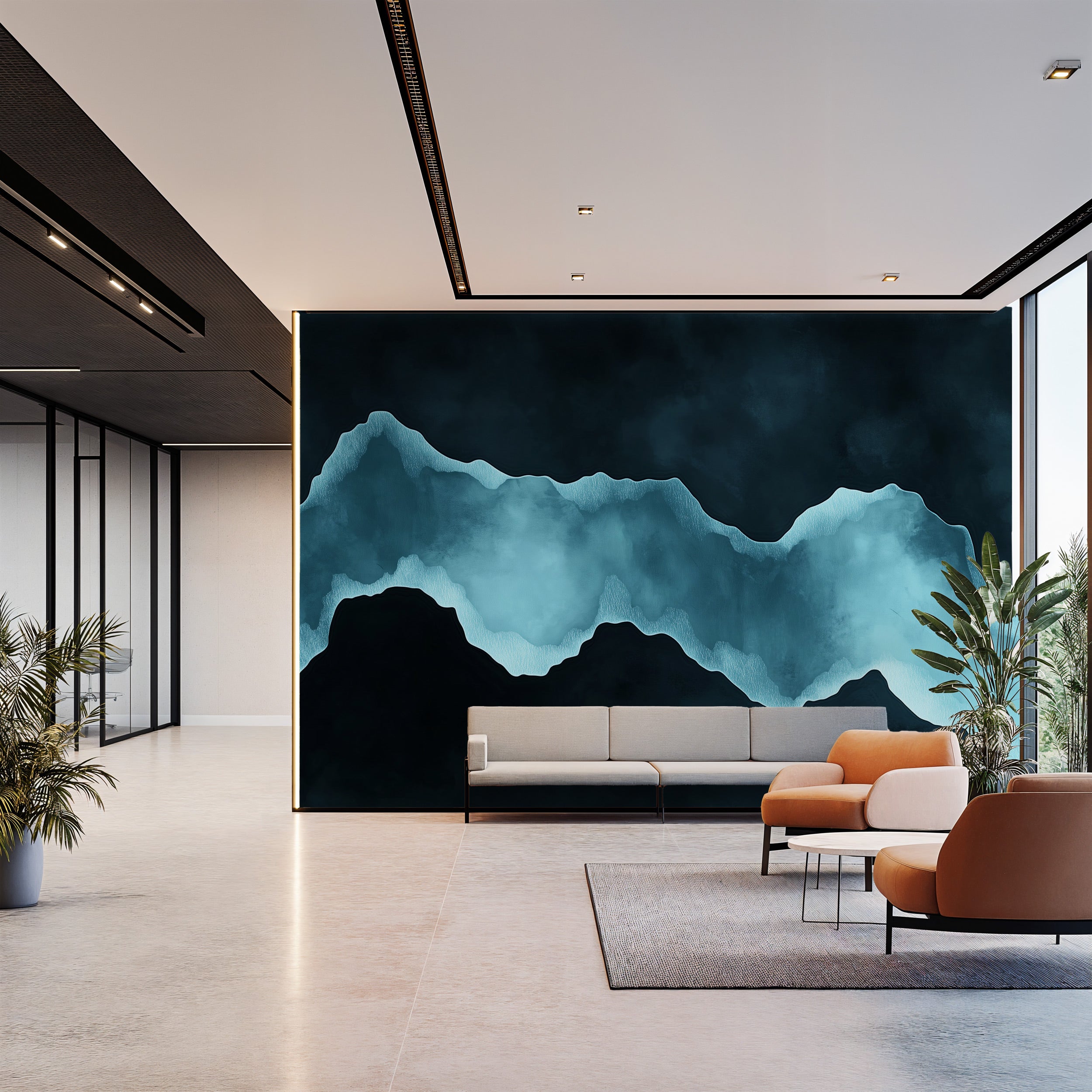Abstract teal mountain mural wall art in a modern living room with navy and teal peaks behind a beige sofa and orange chairs