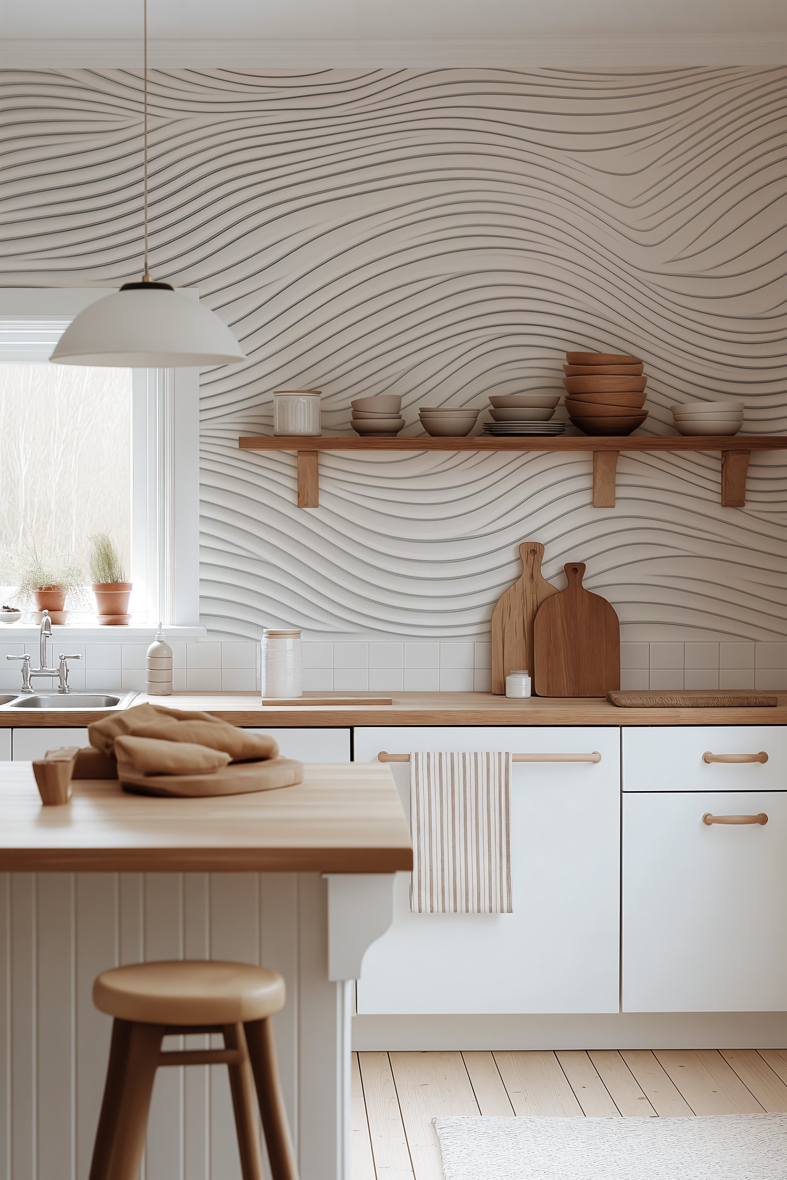 Neutral-toned modern kitchen featuring a white abstract wave lines mural, wooden shelves, and minimalist beige accents