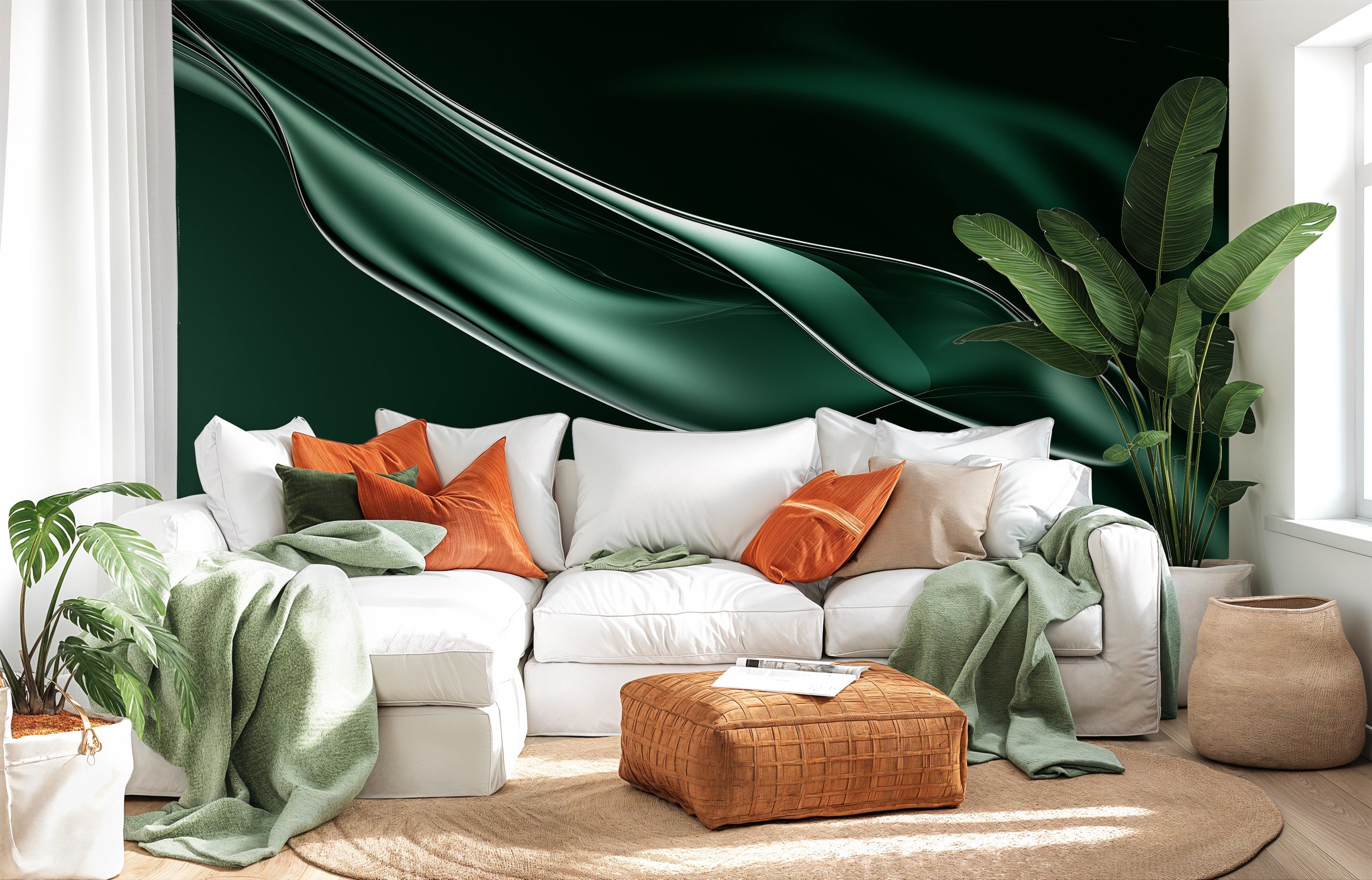 Emerald abstract flowing wall mural behind white sofa with green throws and orange cushions in a bright living room with plan