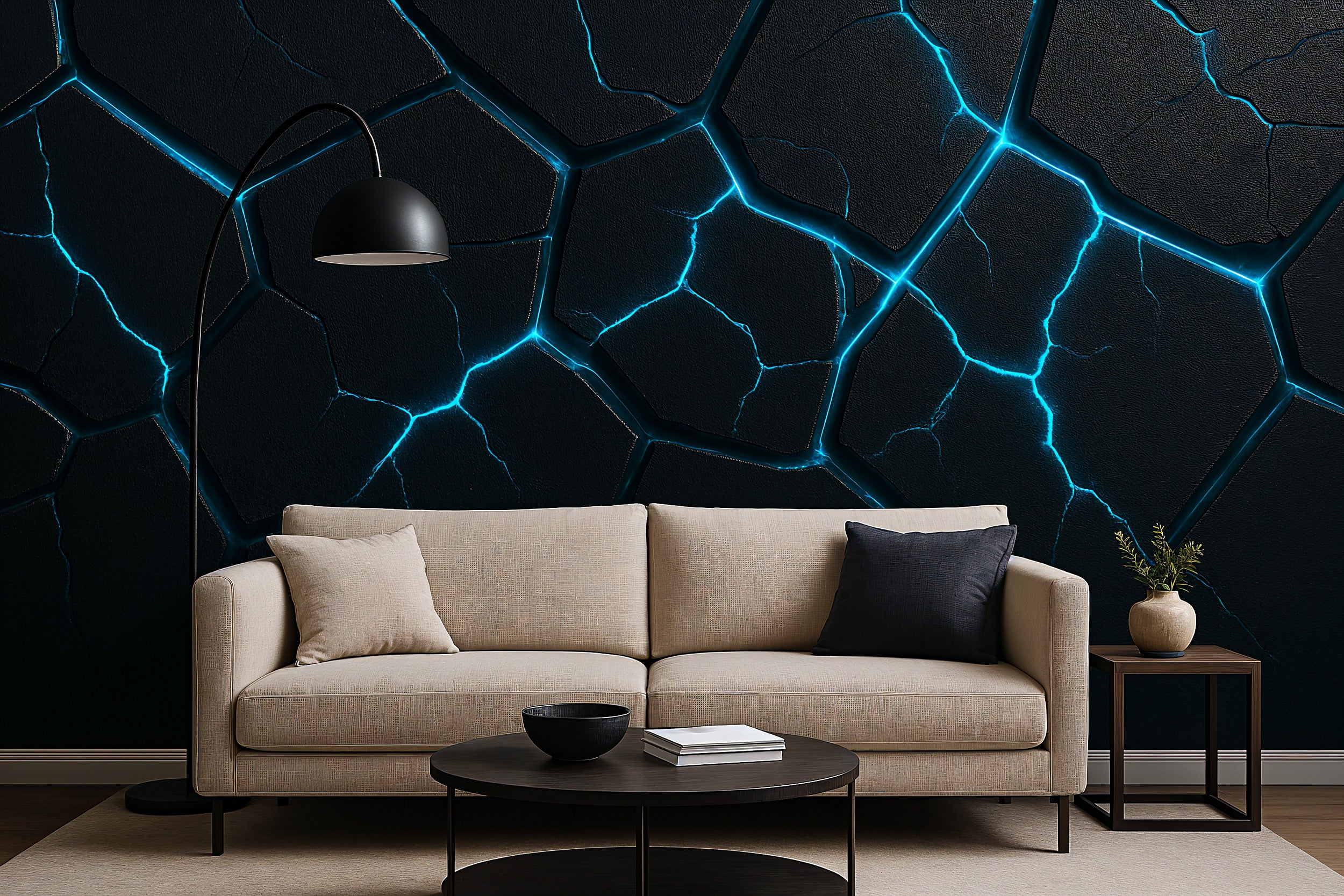 Futuristic hexagon mural on a dark wall with glowing cyan energy lines behind a beige sofa in a modern living room setting