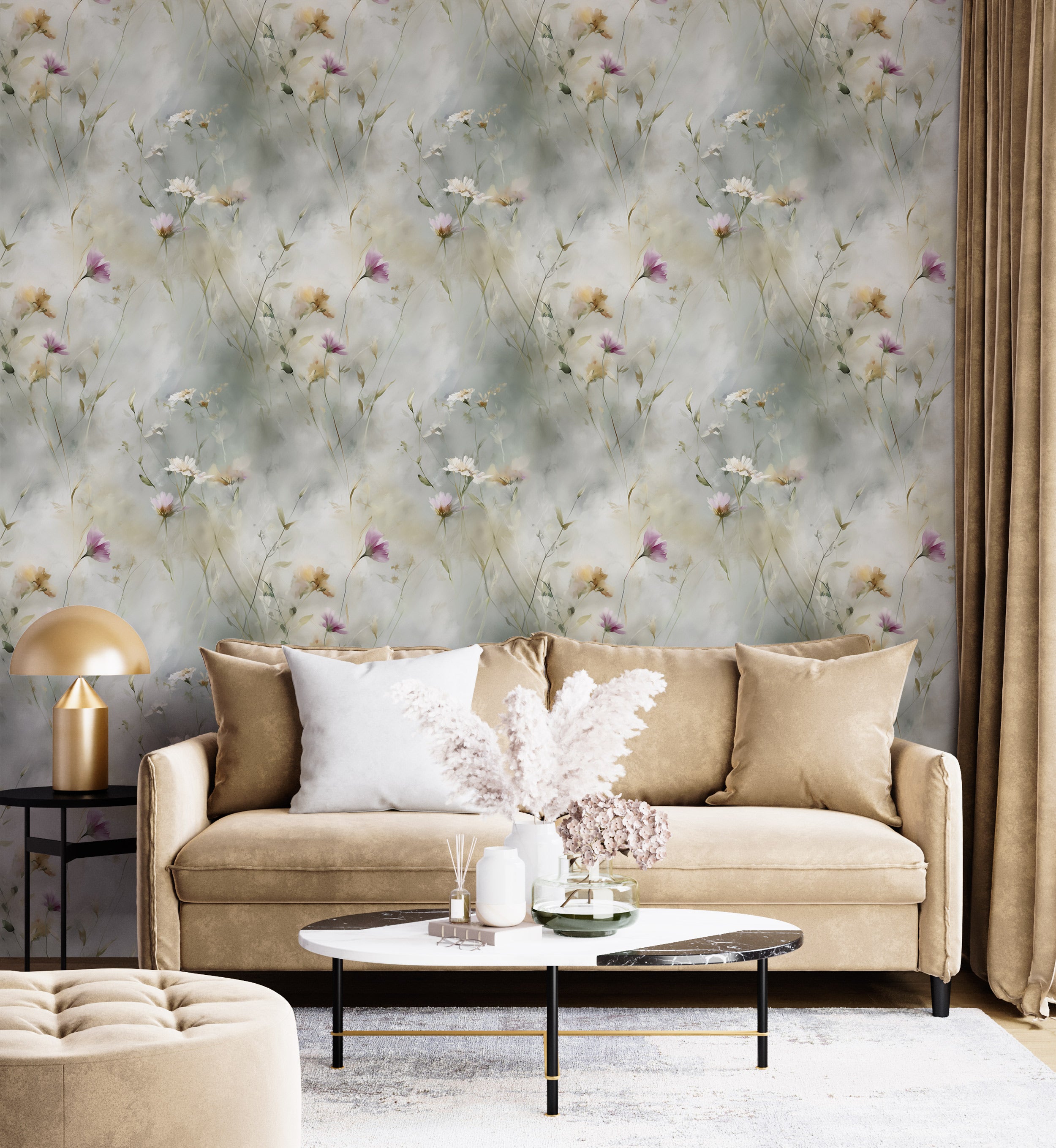 Watercolor wildflower wallpaper with white cosmos and purple blooms in a soft neutral living room setting