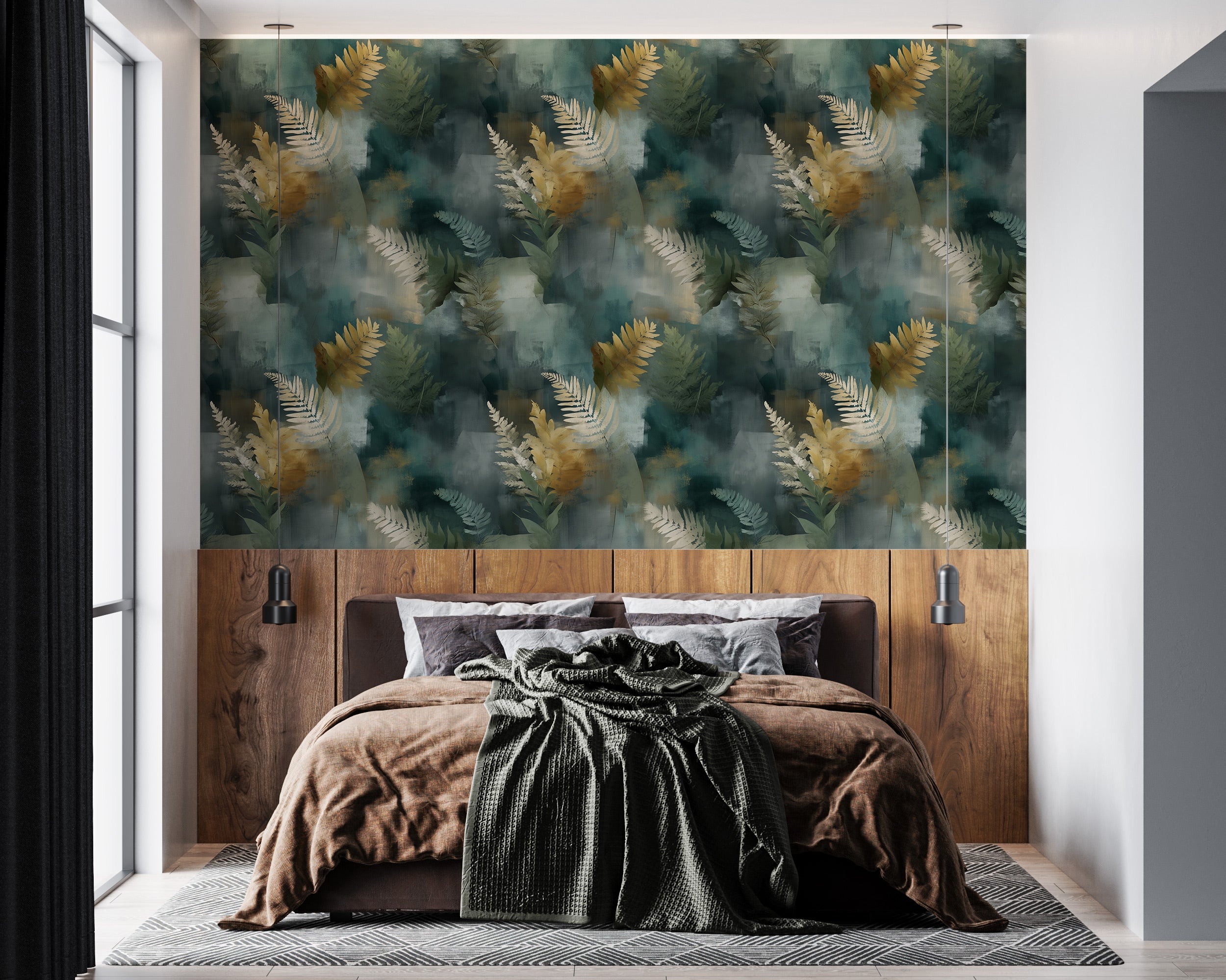 Abstract botanical wallpaper with golden ferns on teal background in a modern bedroom setting featuring a wooden headboard an