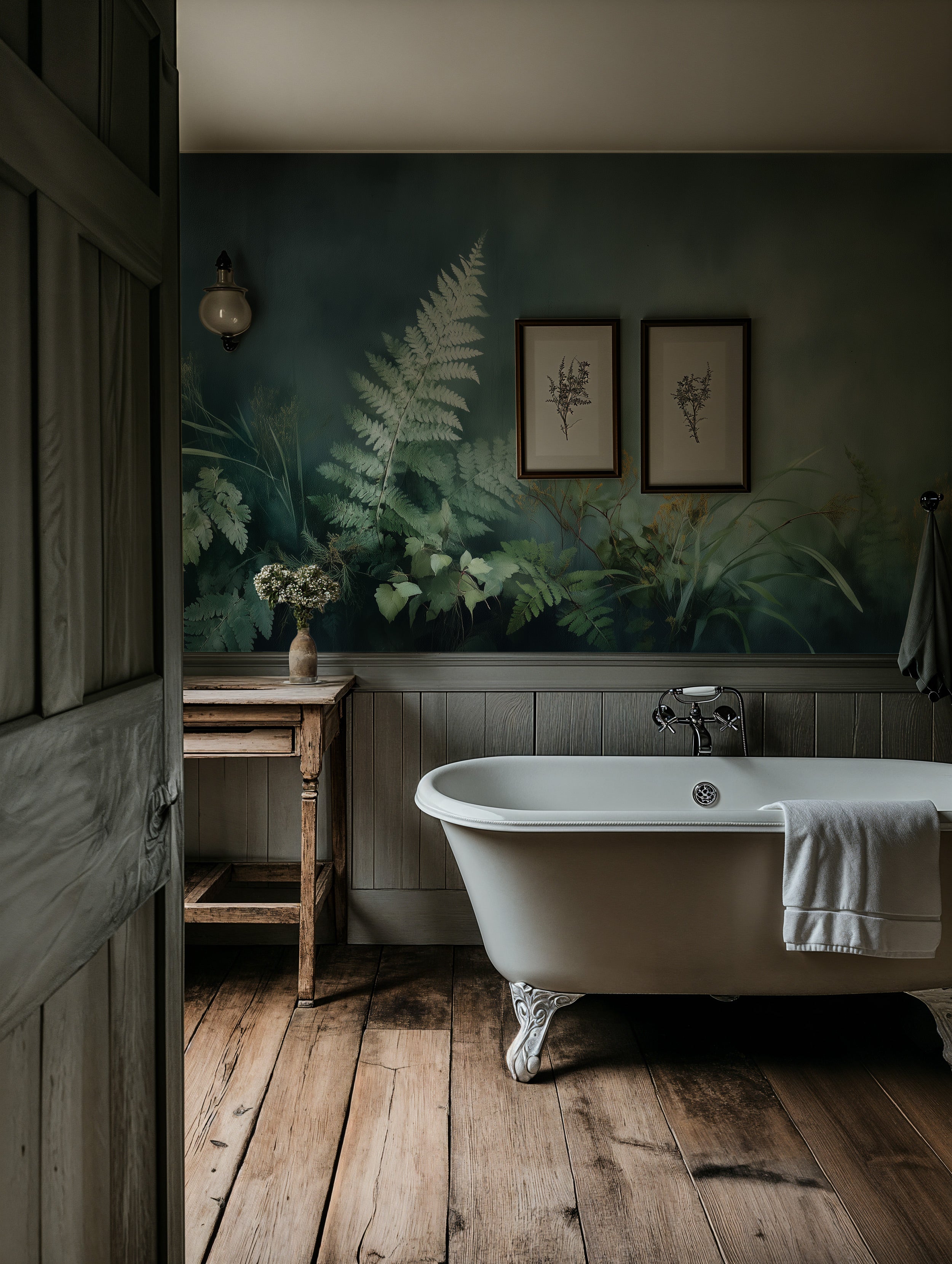 Teal forest mural in a vintage bathroom with ferns and grasses, freestanding clawfoot tub, wooden floor, soft lighting