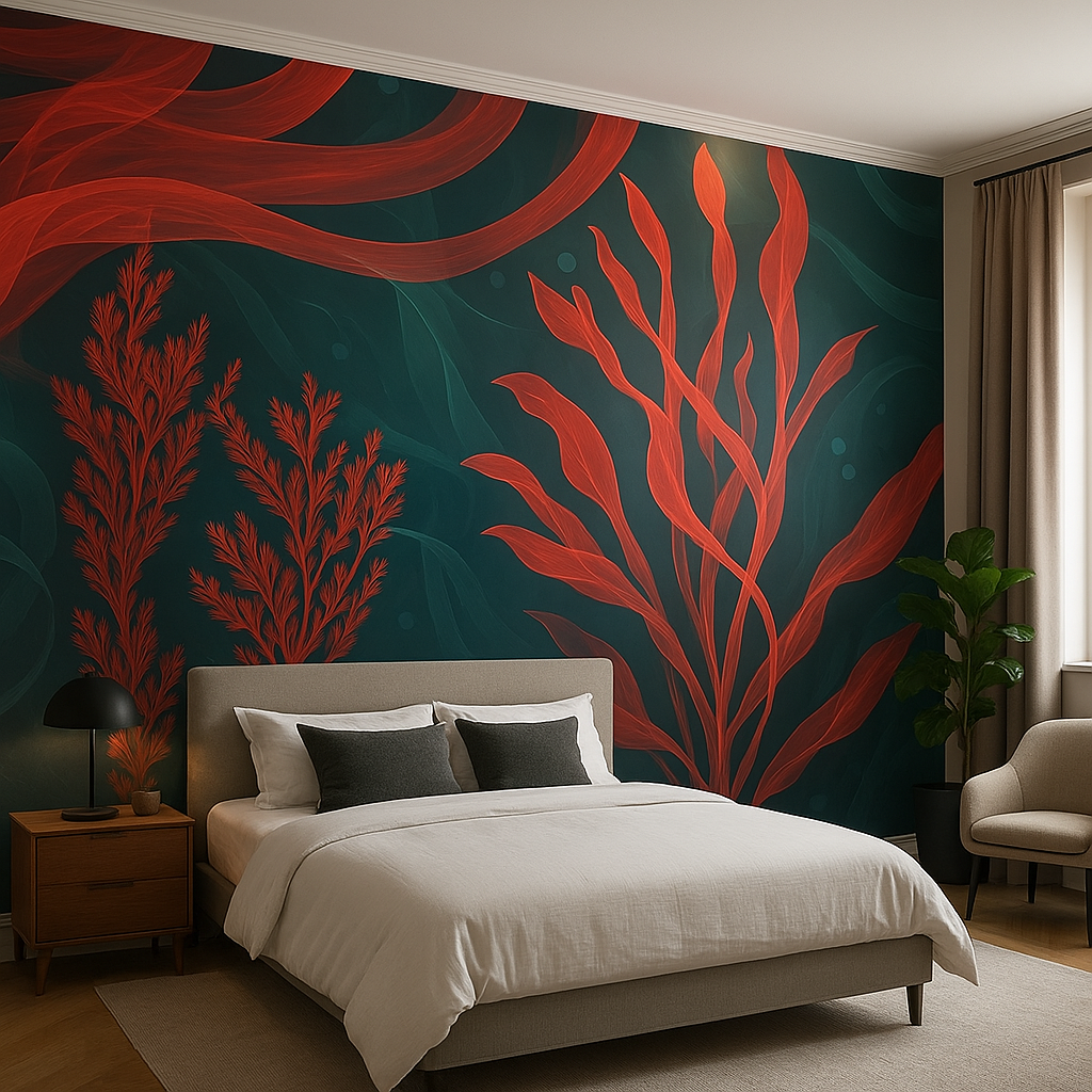Underwater seaweed mural with red coral and teal ocean backdrop adorning a modern bedroom wall with a cozy bed and plants