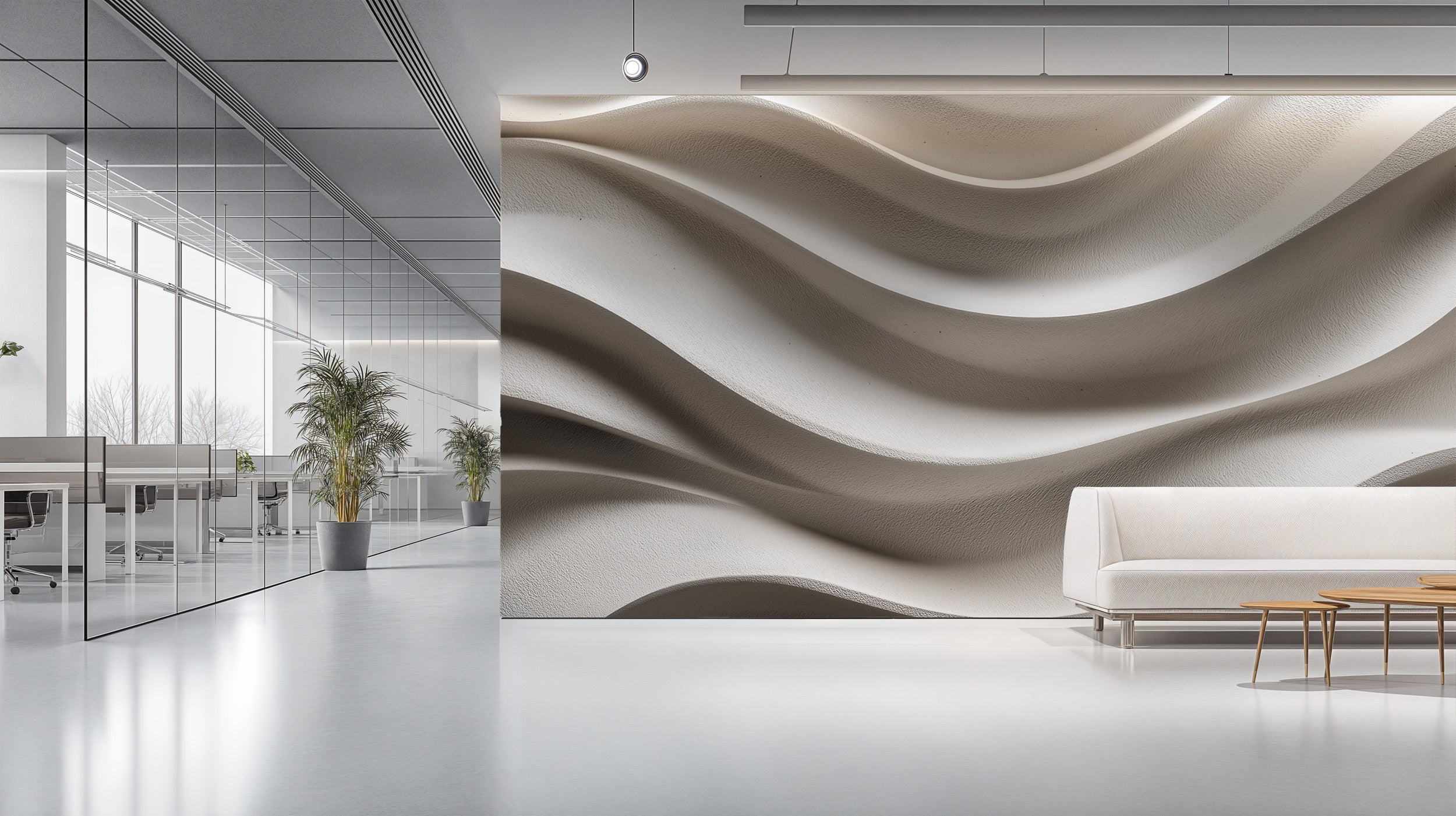 Abstract concrete wave mural in beige tones with flowing 3D textures on a modern office wall setting, neutral wall decor and