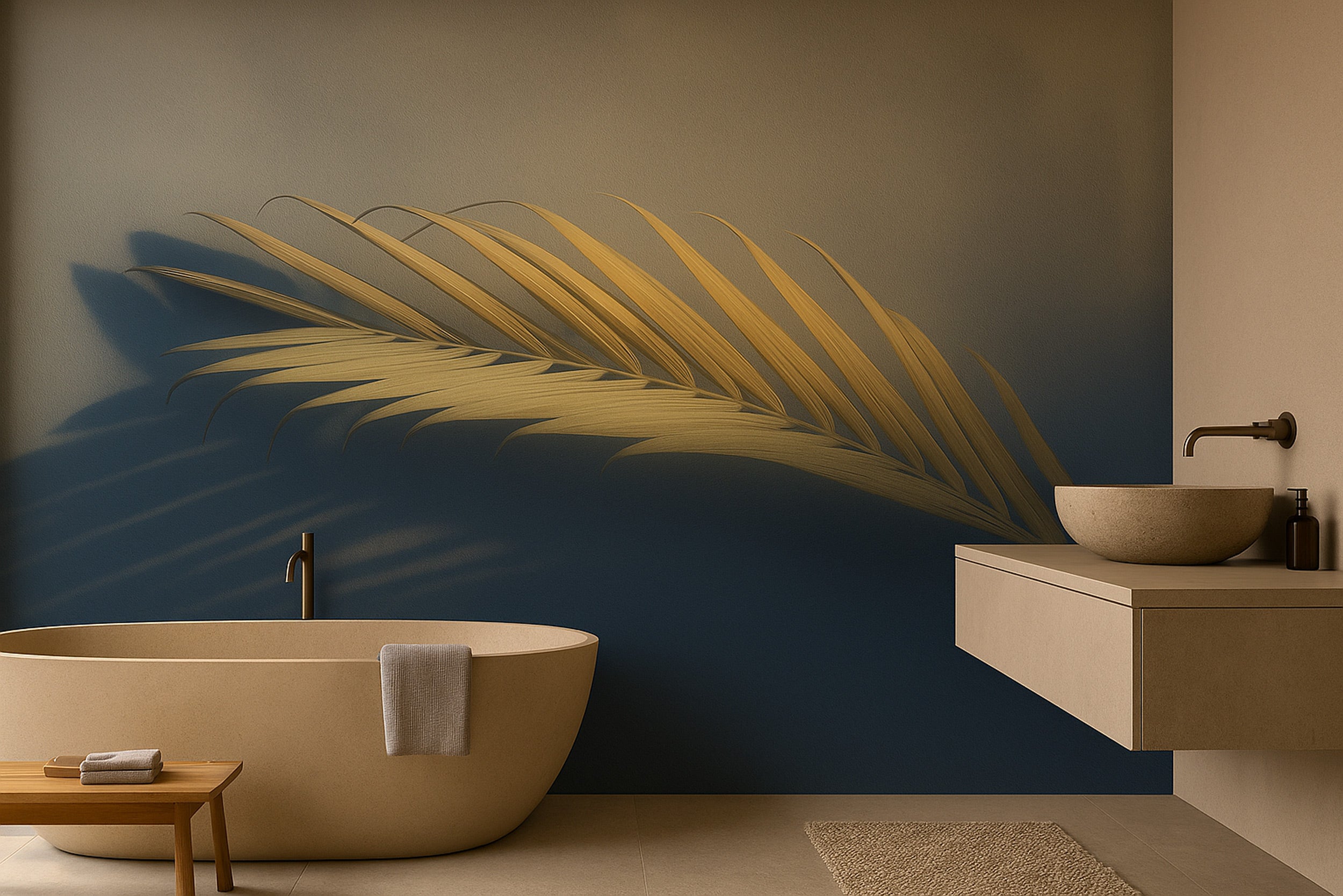 Golden palm leaf mural wallpaper in a bathroom with a beige freestanding tub and wall-mounted sink, warm shadows, neutral bei