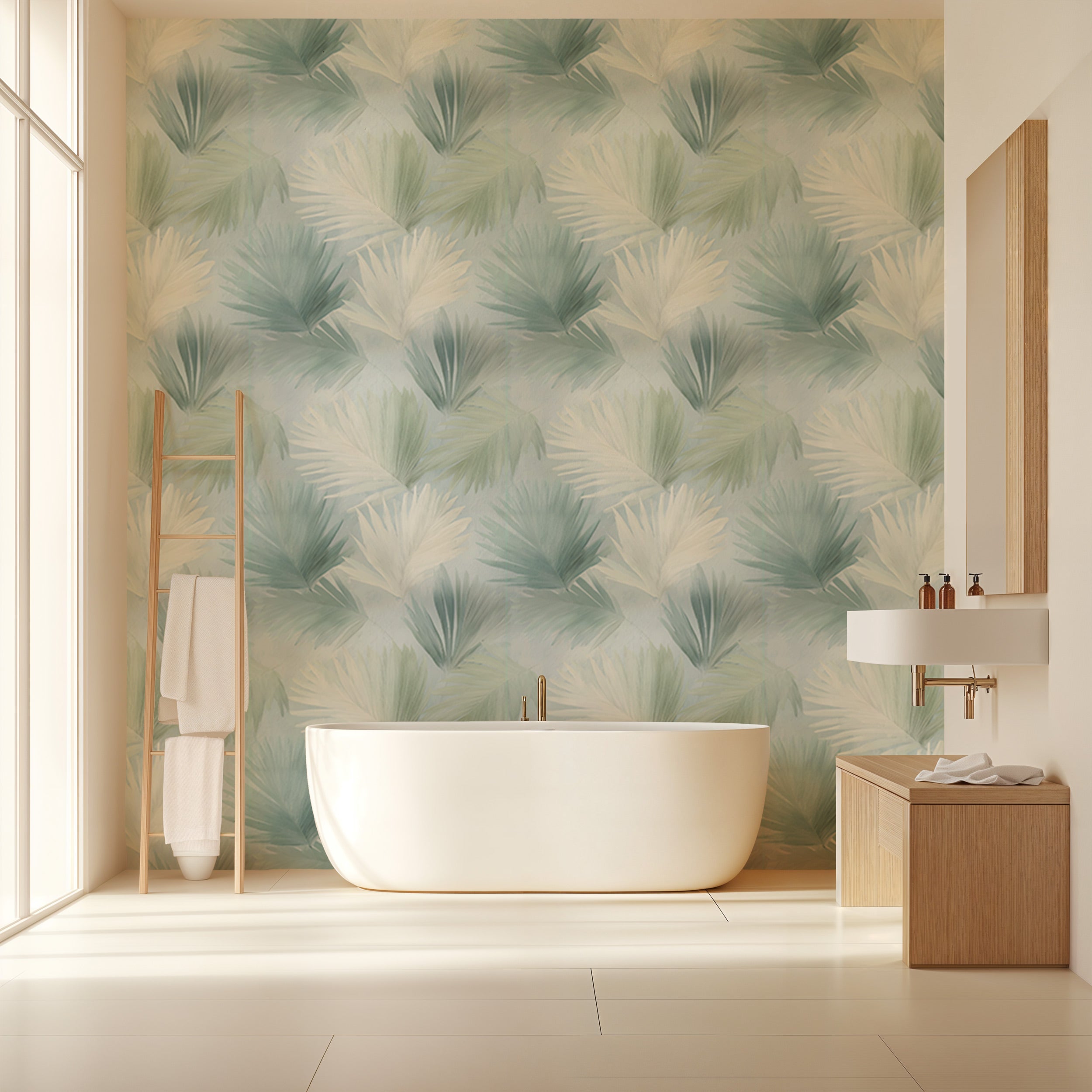 Tropical palm leaves wallpaper in sage green and cream tones shown in a modern bathroom with a freestanding white tub and woo