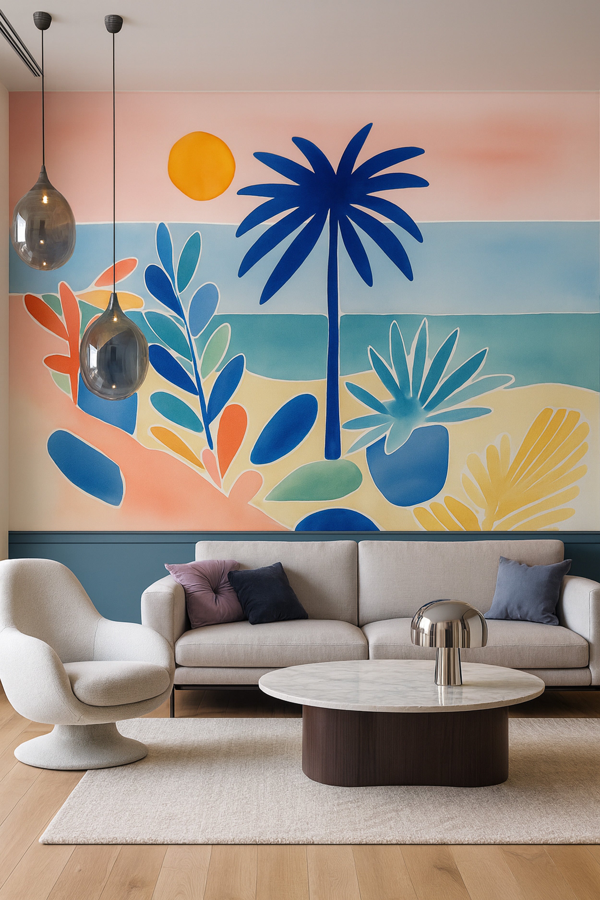 Vibrant tropical paradise mural with blue palm tree, abstract foliage in blues, teals, yellows, and peaches on a pastel wall