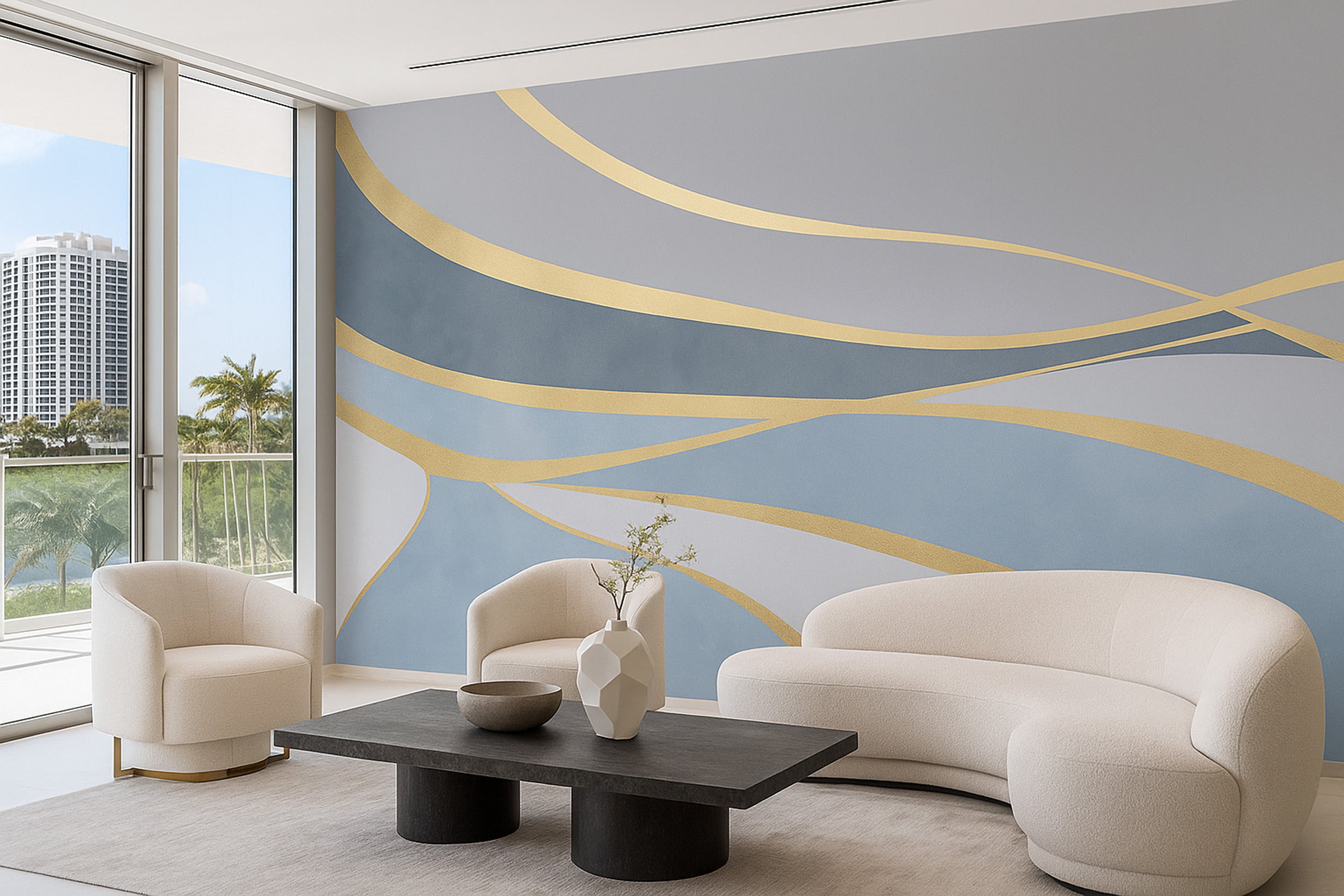 Abstract mural with flowing gold lines on blue grey wall in a modern living room with beige seating