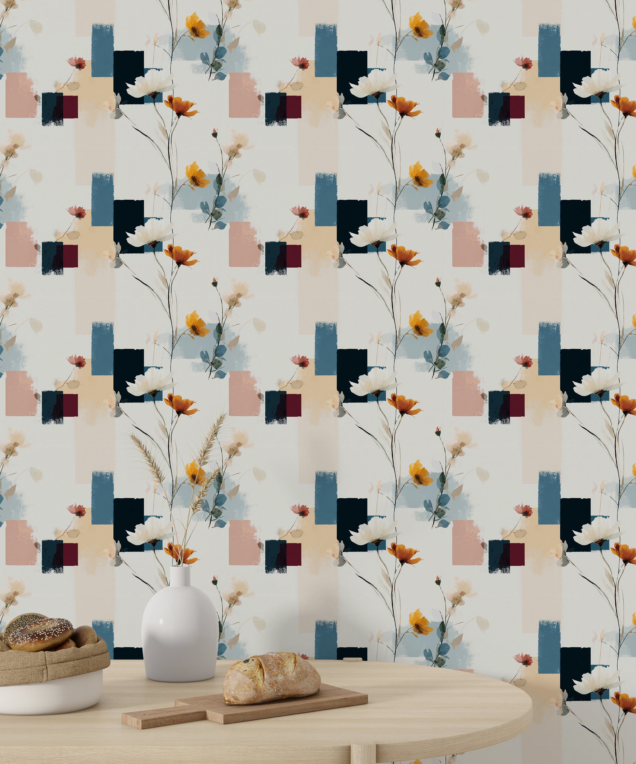 Abstract floral wallpaper with geometric shapes and cosmos flowers in navy teal burgundy coral on a light backdrop, modern re