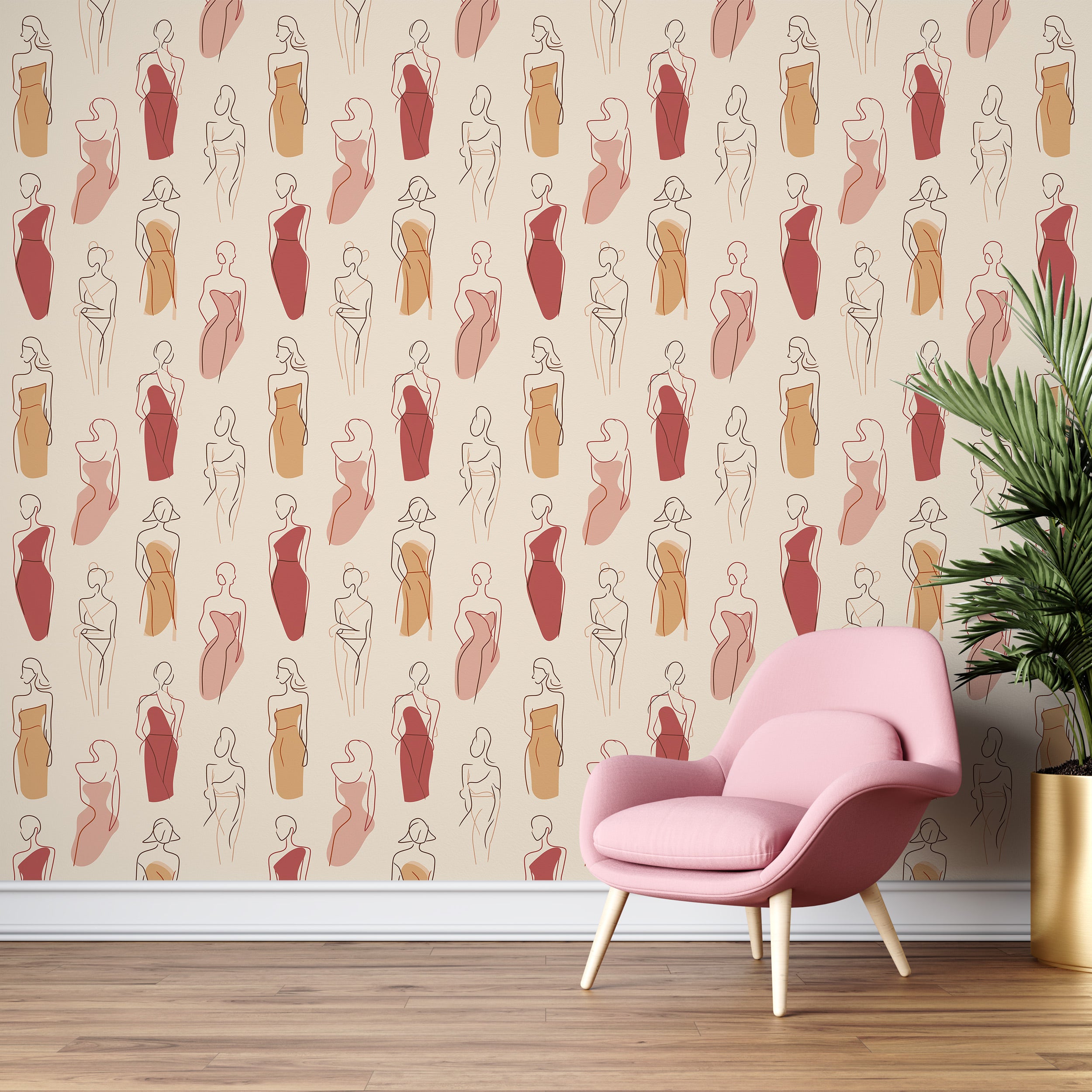 Removable abstract fashion figure wallpaper with warm terracotta and rose silhouettes in a soft cream room setting