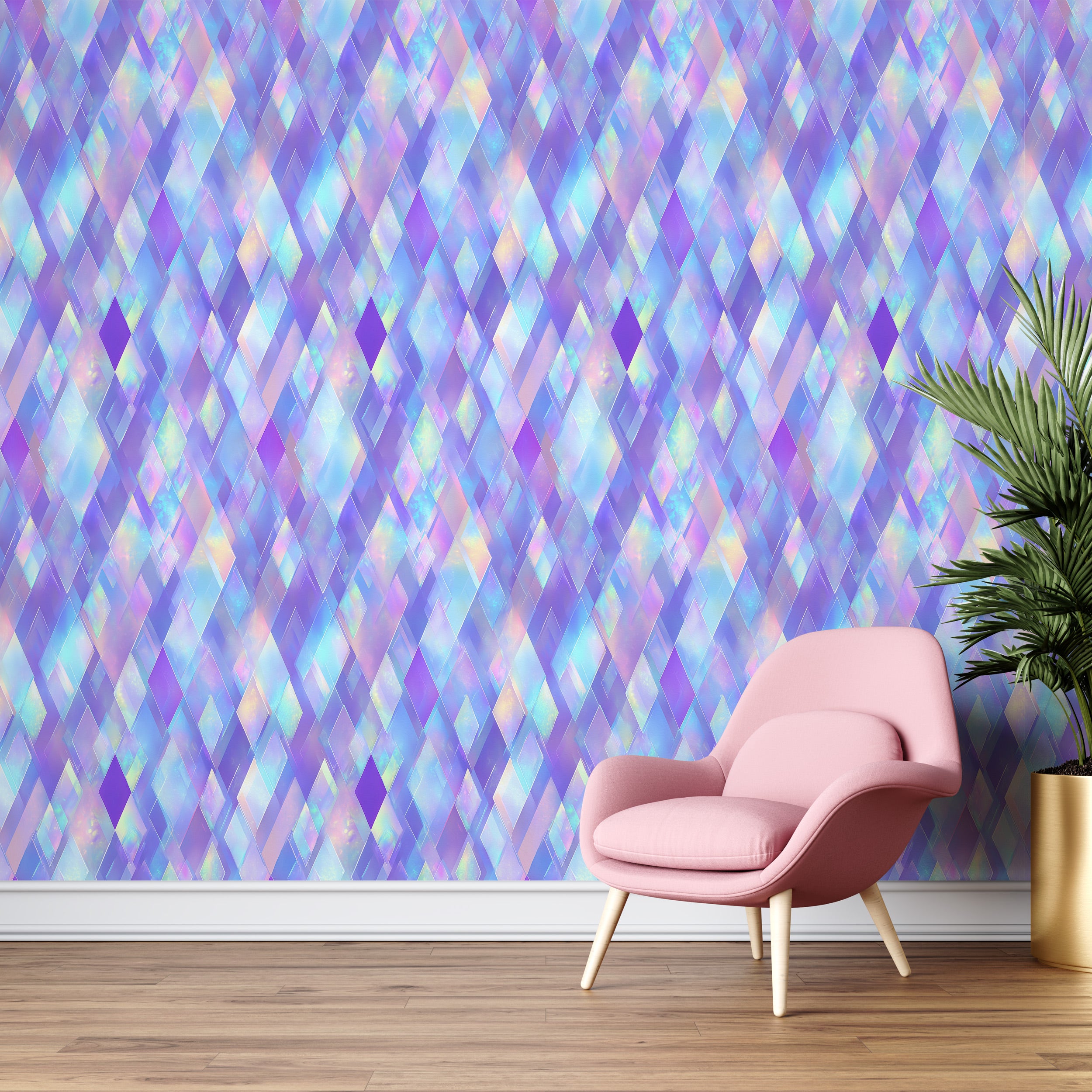 Pink and purple holographic diamond pattern wallpaper in a modern living room with a pink chair and gold planter accenting th