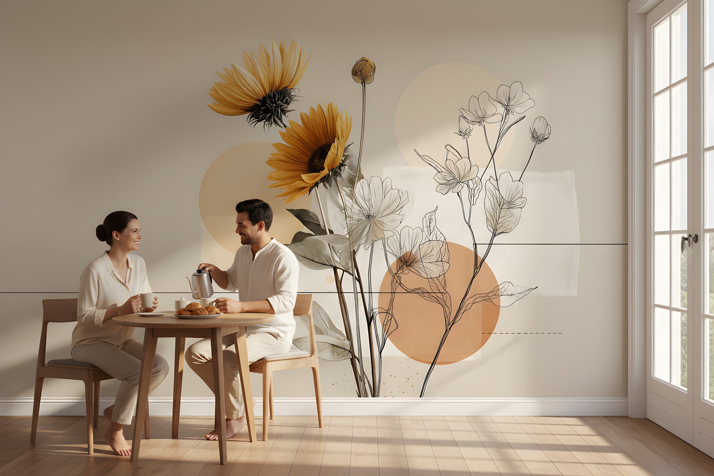 Abstract floral mural with orange sunflowers and delicate line-drawn blooms on neutral wall behind a couple at a wooden table in a sunlit modern