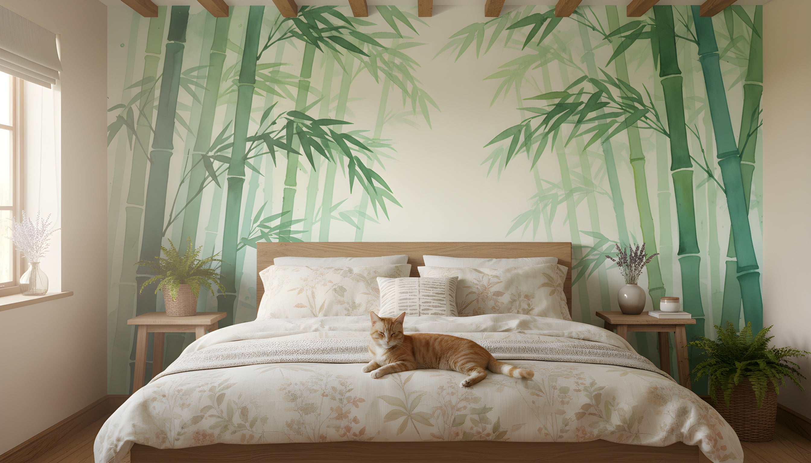 Watercolor bamboo forest mural in a serene bedroom with green stalks on the wall, soft natural light, and tropical plants on nightstands