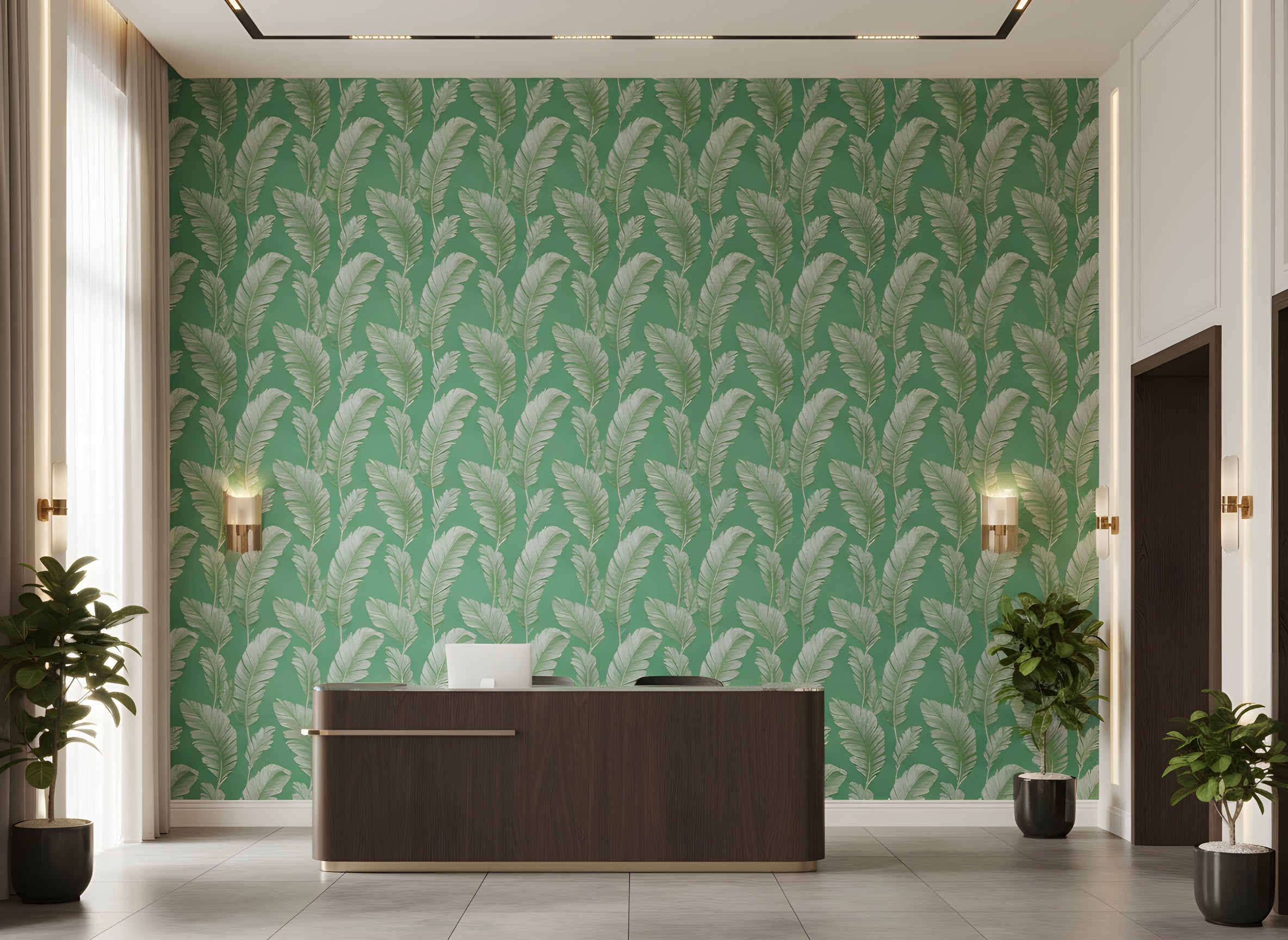 Green palm leaves wallpaper in a modern reception area with emerald backdrop and soft cream fronds, tropical botanical self-adhesive pattern on a