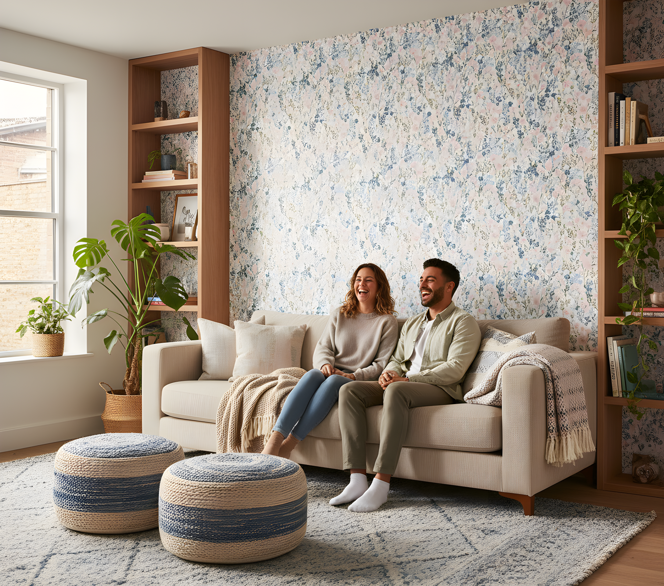 A cozy living room with a blue-pink wildflower meadow wallpaper accent wall, beige sofa, natural wood shelves, and green plan