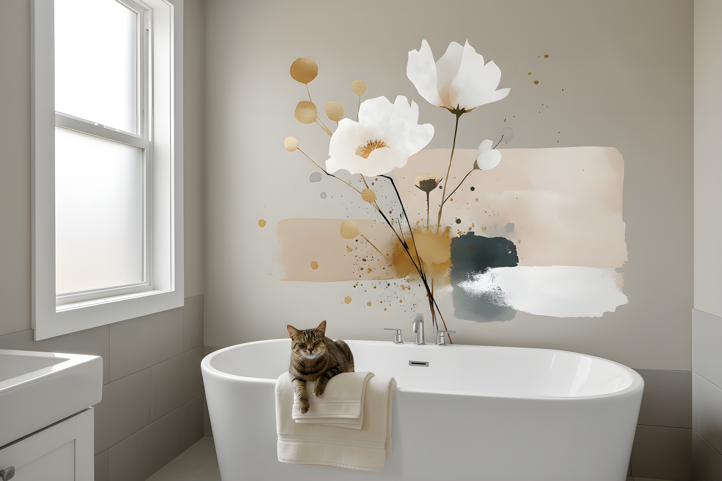 Abstract white cosmos floral mural with watercolor beige teal gold brushstrokes on a modern bathroom wall featuring a freestanding tub and cat lounged
