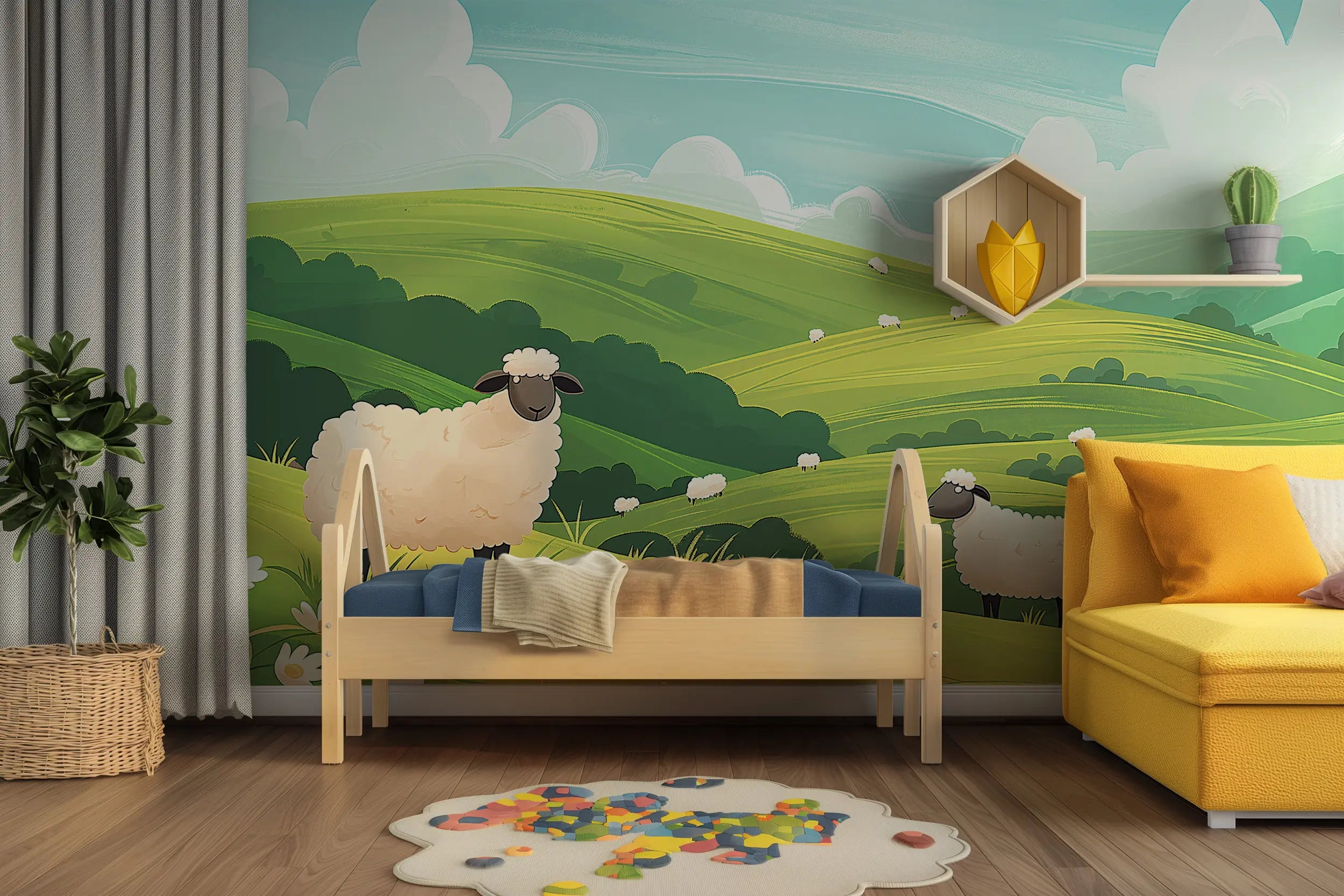 Watercolor sheep mural for baby room