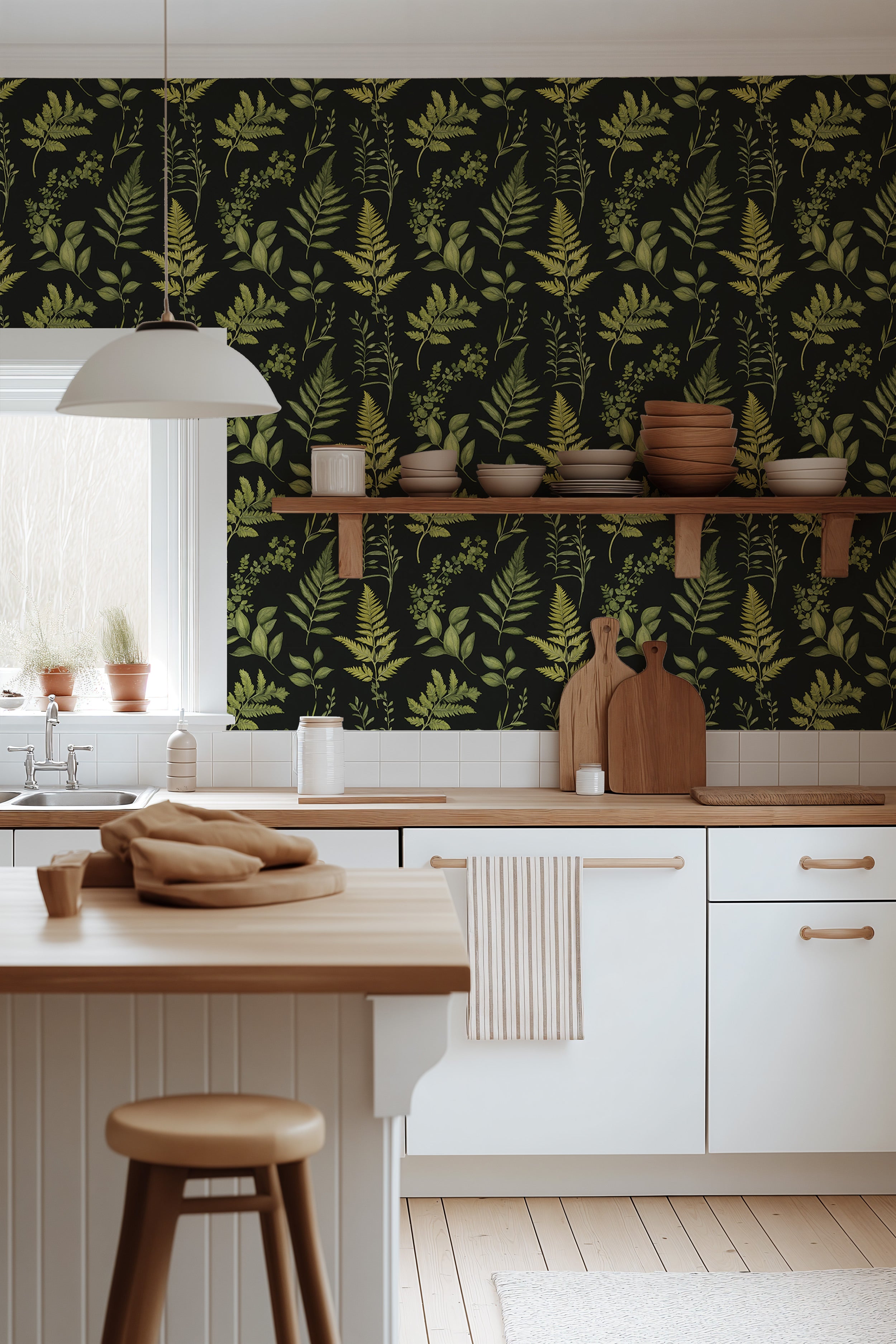 Botanical fern wallpaper in a dark backdrop with green fern leaves, in a bright modern kitchen setting with white cabinets an