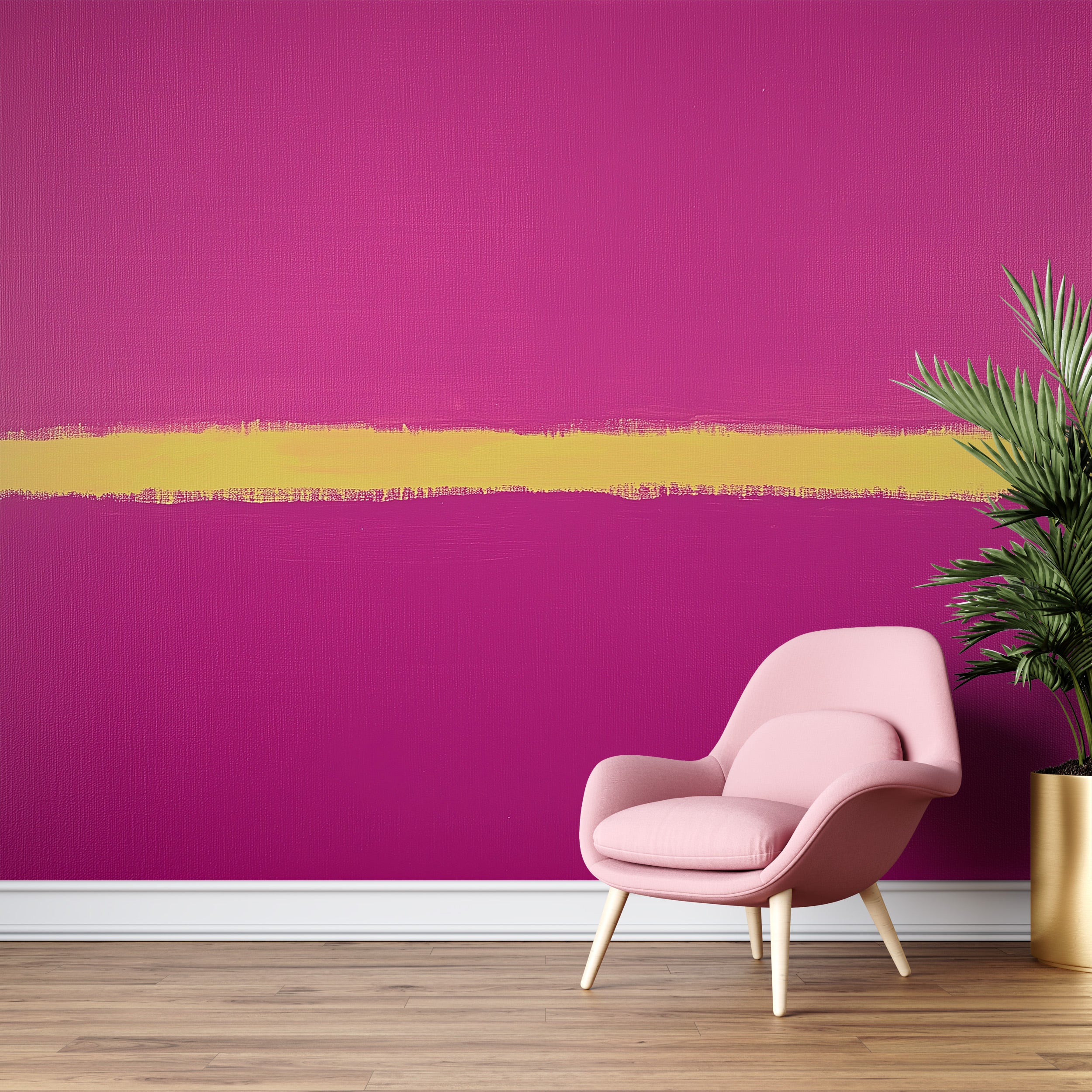 Pink abstract wall mural with a bold magenta backdrop and a yellow brushstroke across a cozy pink seating area setup with a p