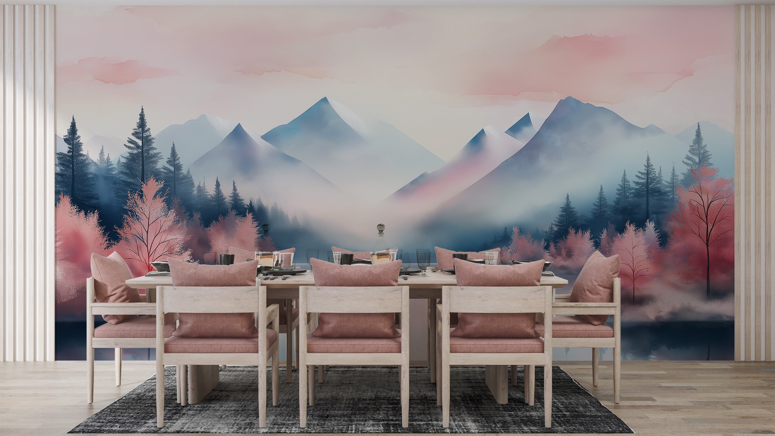 Pink mountain lake mural in watercolor style with pink autumn trees and blue-gray peaks reflected on tranquil water, classroo