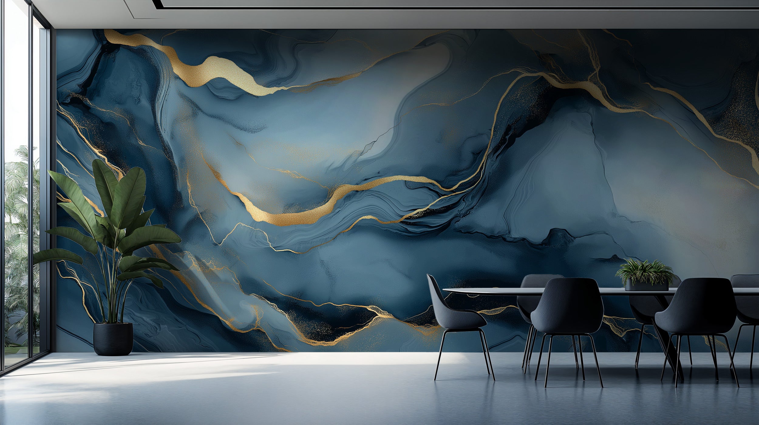 Blue abstract marble mural with gold veining on a contemporary navy wall in a modern dining room setting with a plant and gla