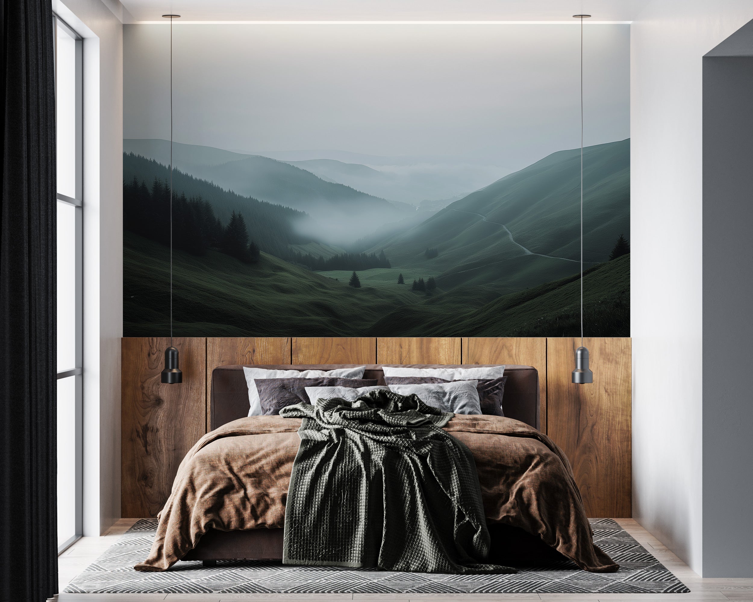 Misty mountain valley mural in a modern bedroom with green rolling hills, fog, and a panoramic landscape behind a wood-panele