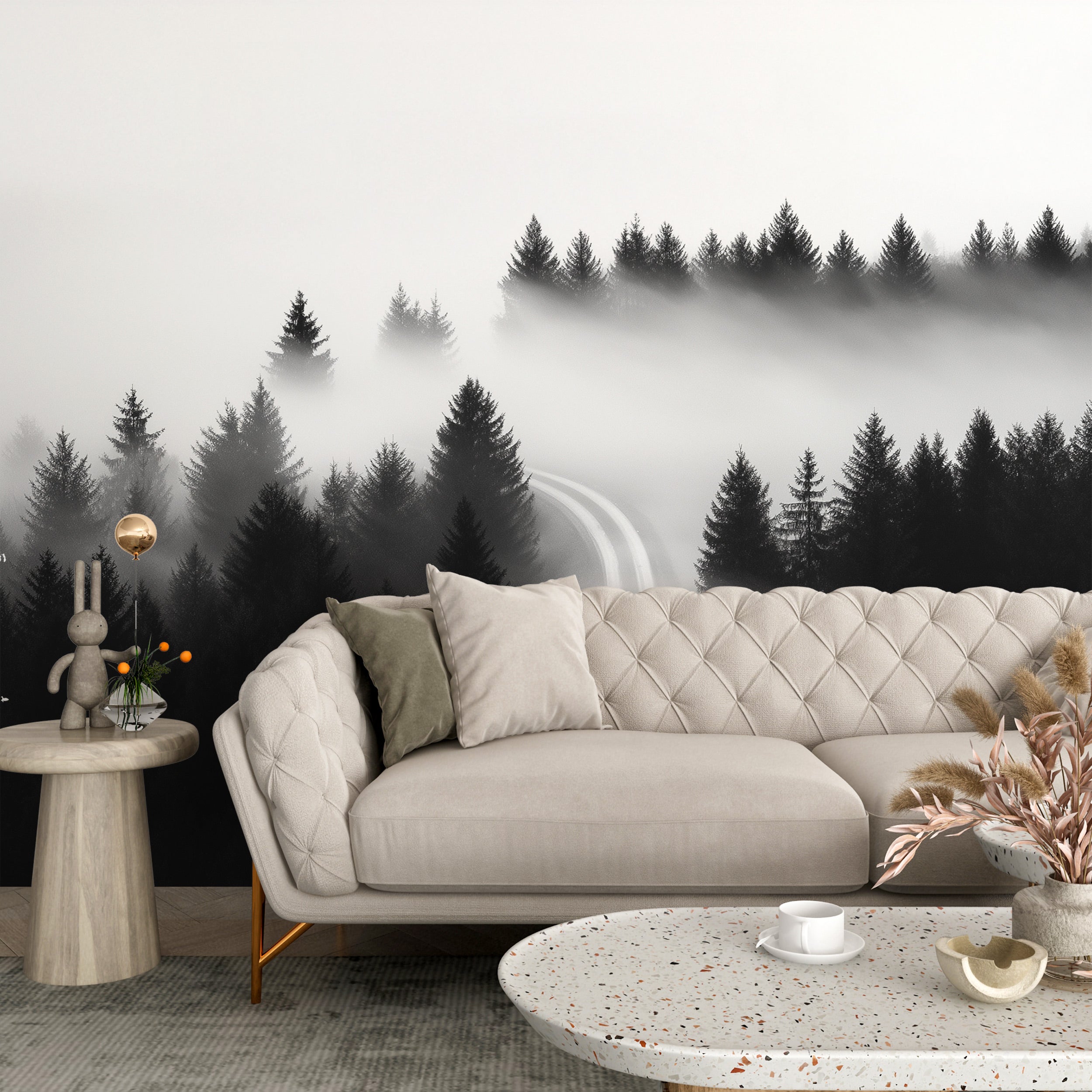 Mist Black and white misty forest road mural with foggy evergreens in a neutral living room setting on a beige tufted sofa wa