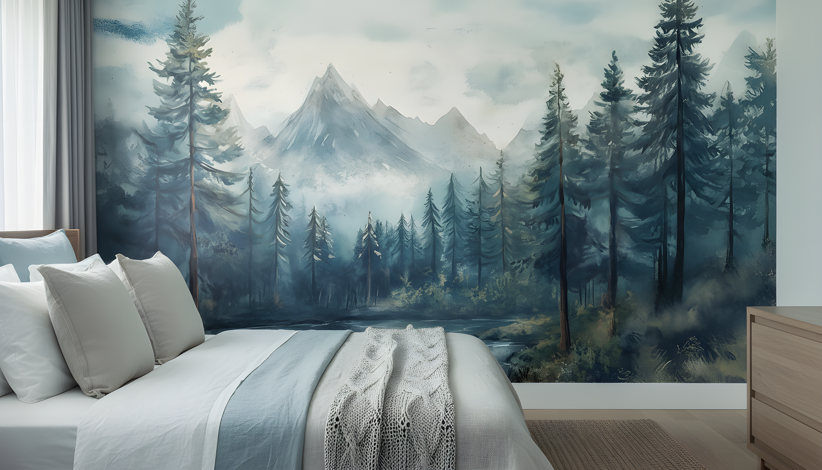 Watercolor style mountain forest lake mural with misty peaks and evergreen trees, bedroom scene with serene blue-green tones and reflection