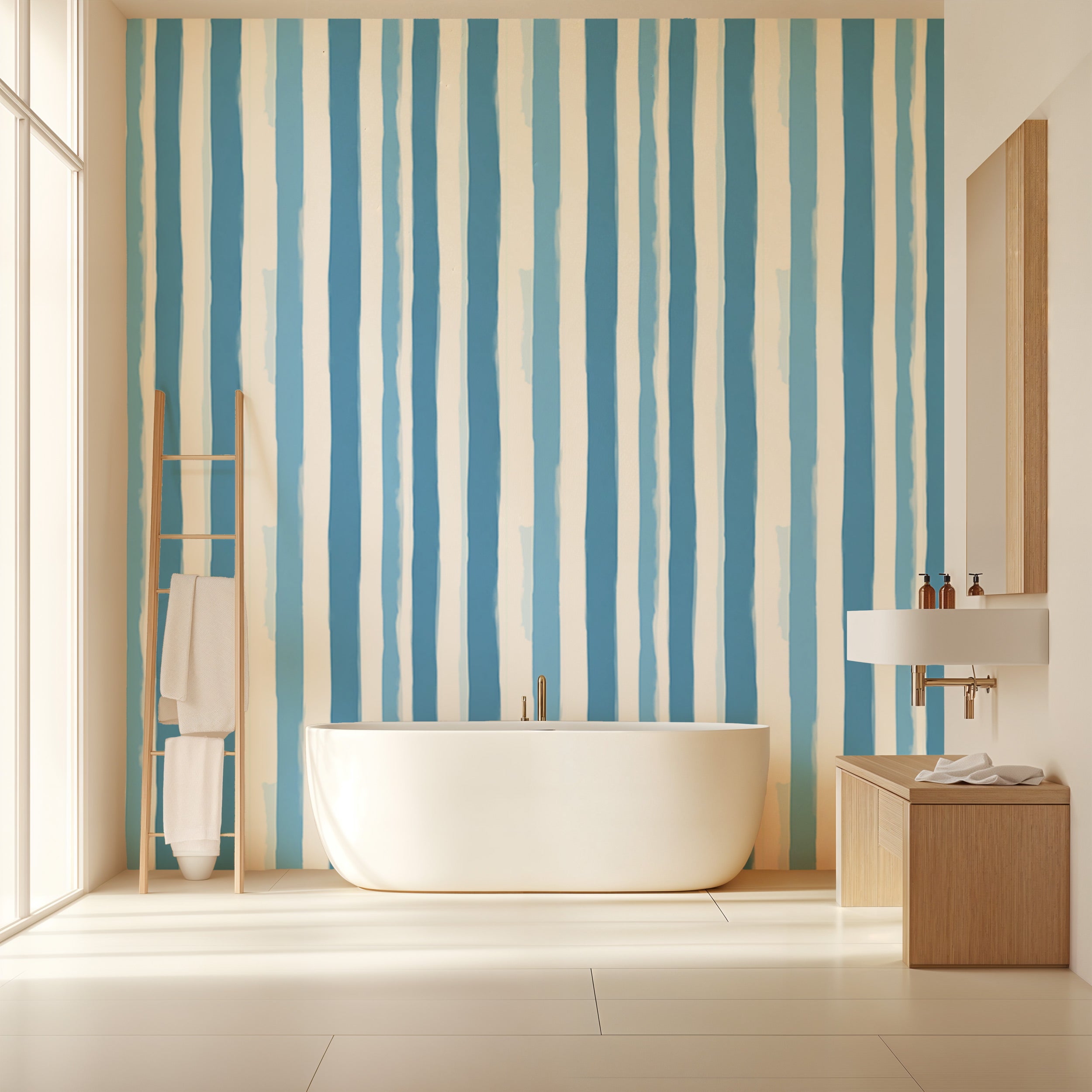 Blue watercolor stripes bathroom wall with white freestanding tub and wooden accents, tropical coastal style wallpaper decor