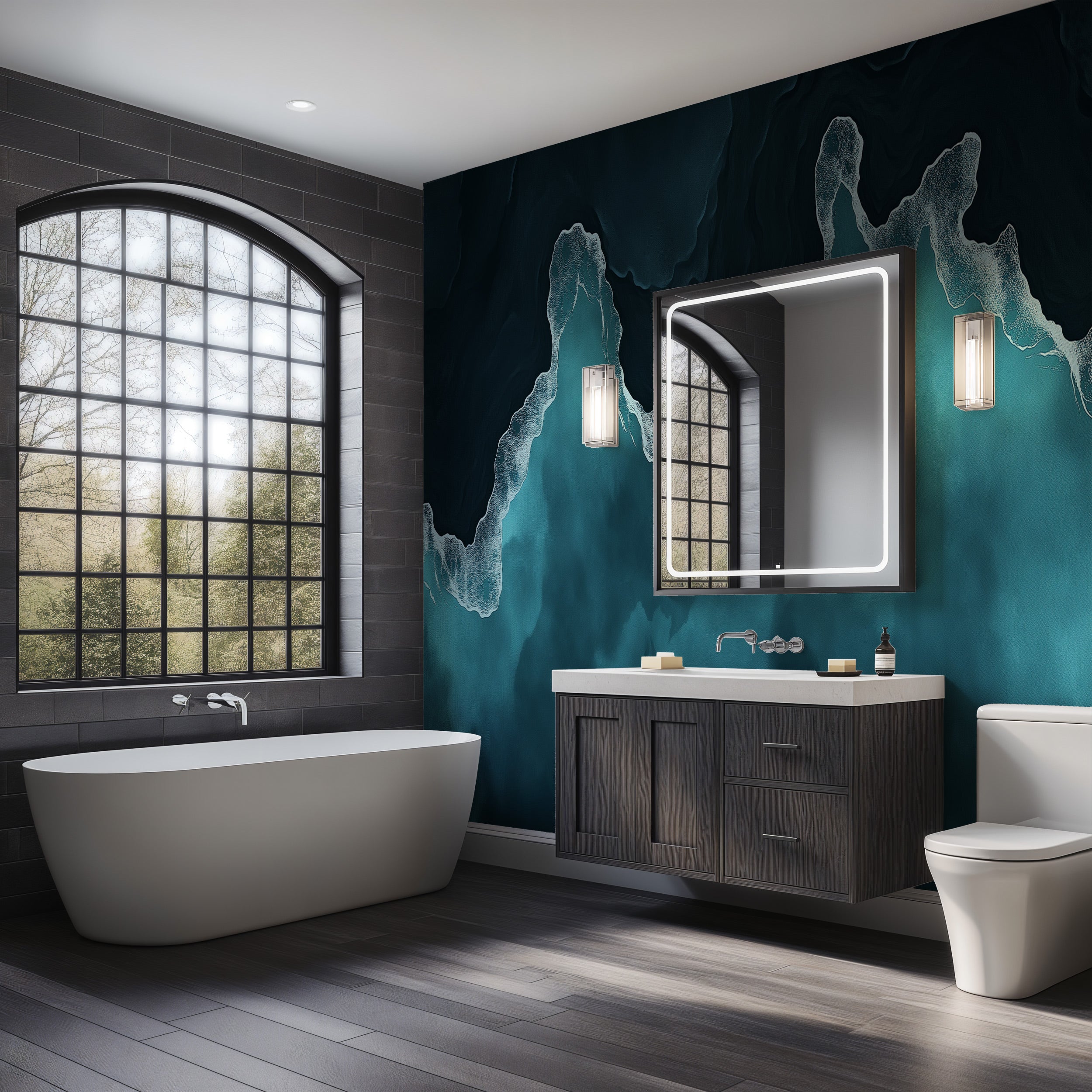Turquoise and navy ocean waves mural in a modern bathroom with a freestanding bathtub, dark wood vanity, and a backlit mirror