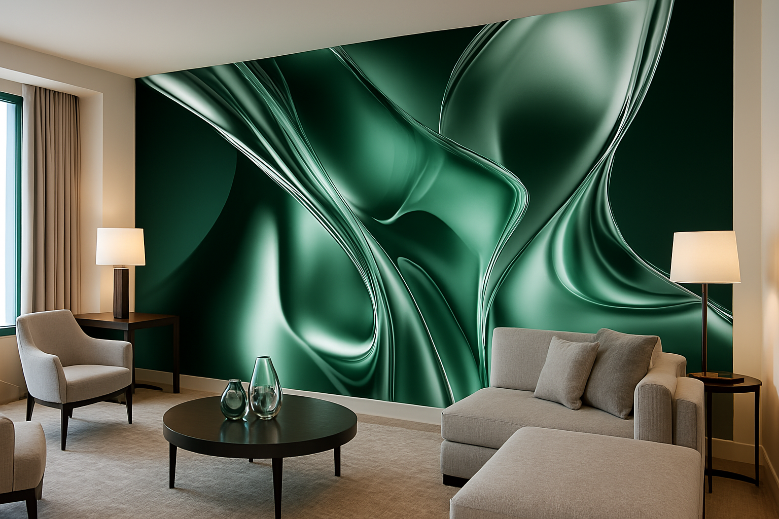 Emerald liquid metal abstract mural in a modern living room with flowing green patterns on wall behind neutral seating and so