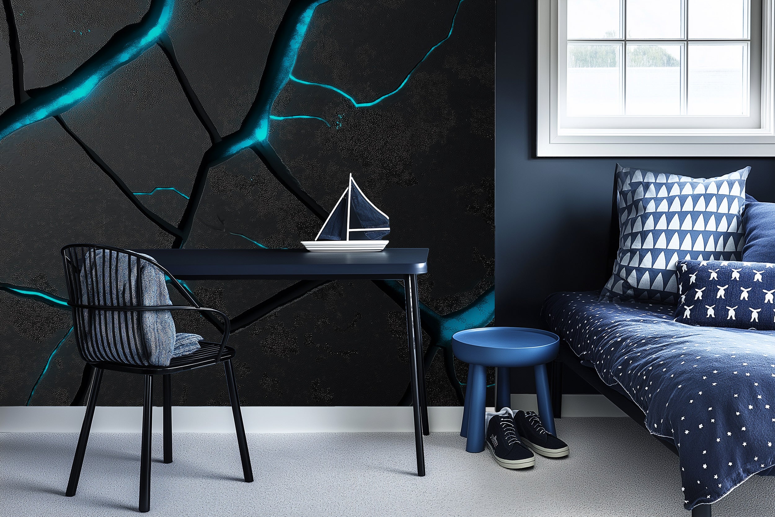 Cracked stone mural with cyan glowing cracks in a modern blue themed room featuring a desk, chair, sofa with nautical pillows