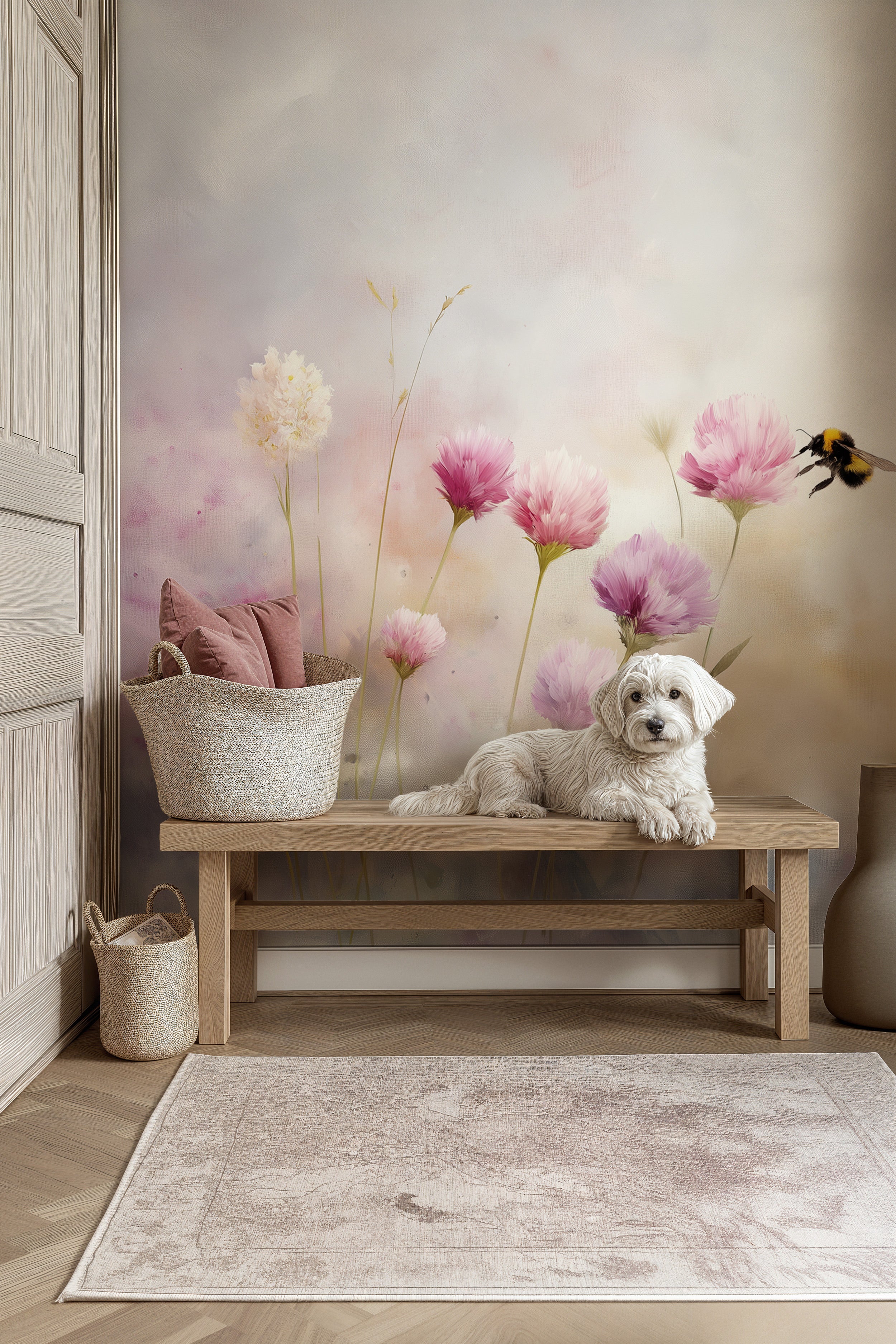 Watercolor meadow mural with pink cosmos flowers and a bumblebee, pastel tones, dog on a wooden bench in a cozy room with sof