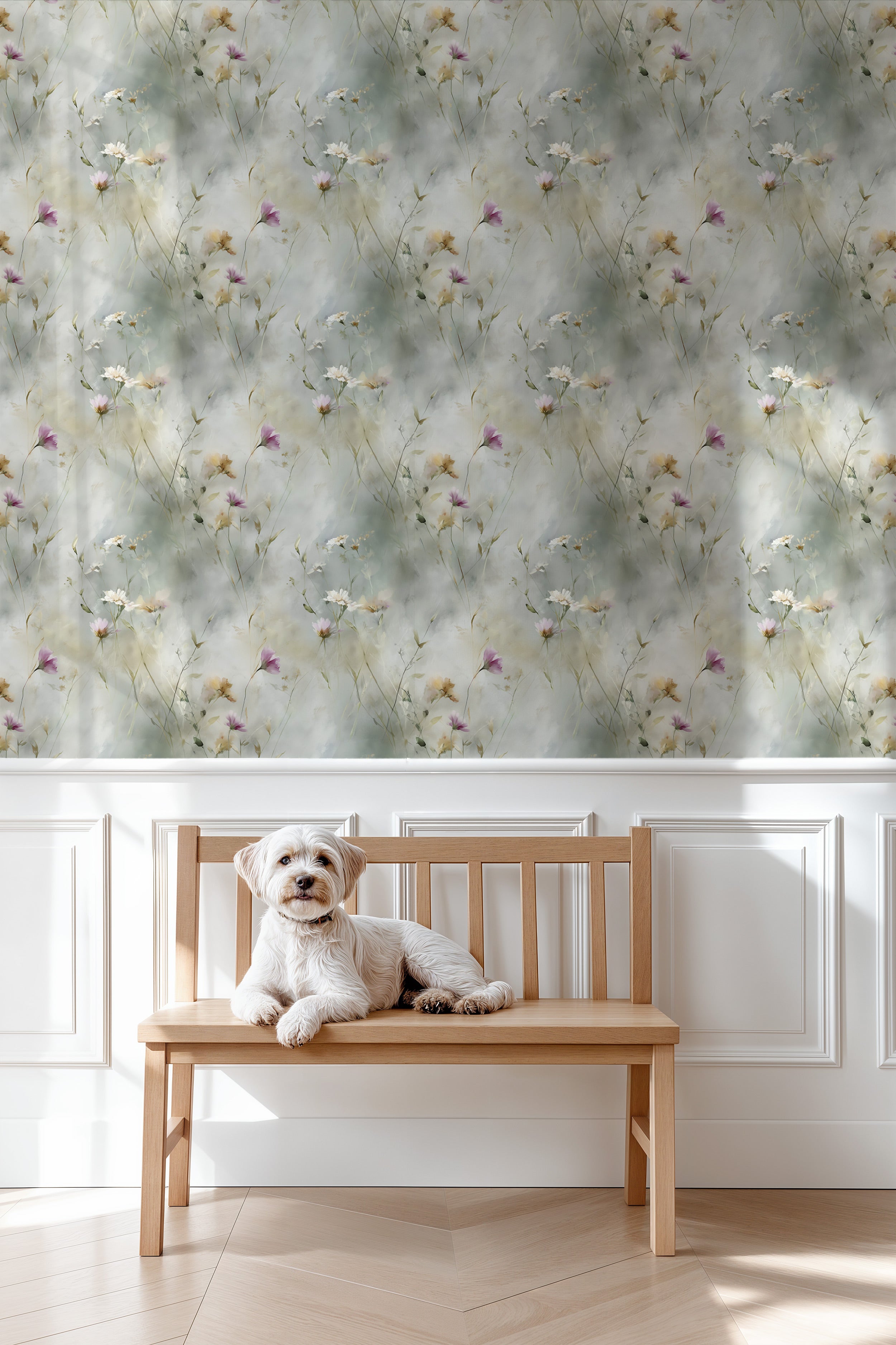 Watercolor wildflower wallpaper with white cosmos and purple blooms in a serene bedroom setting featuring a light wooden benc