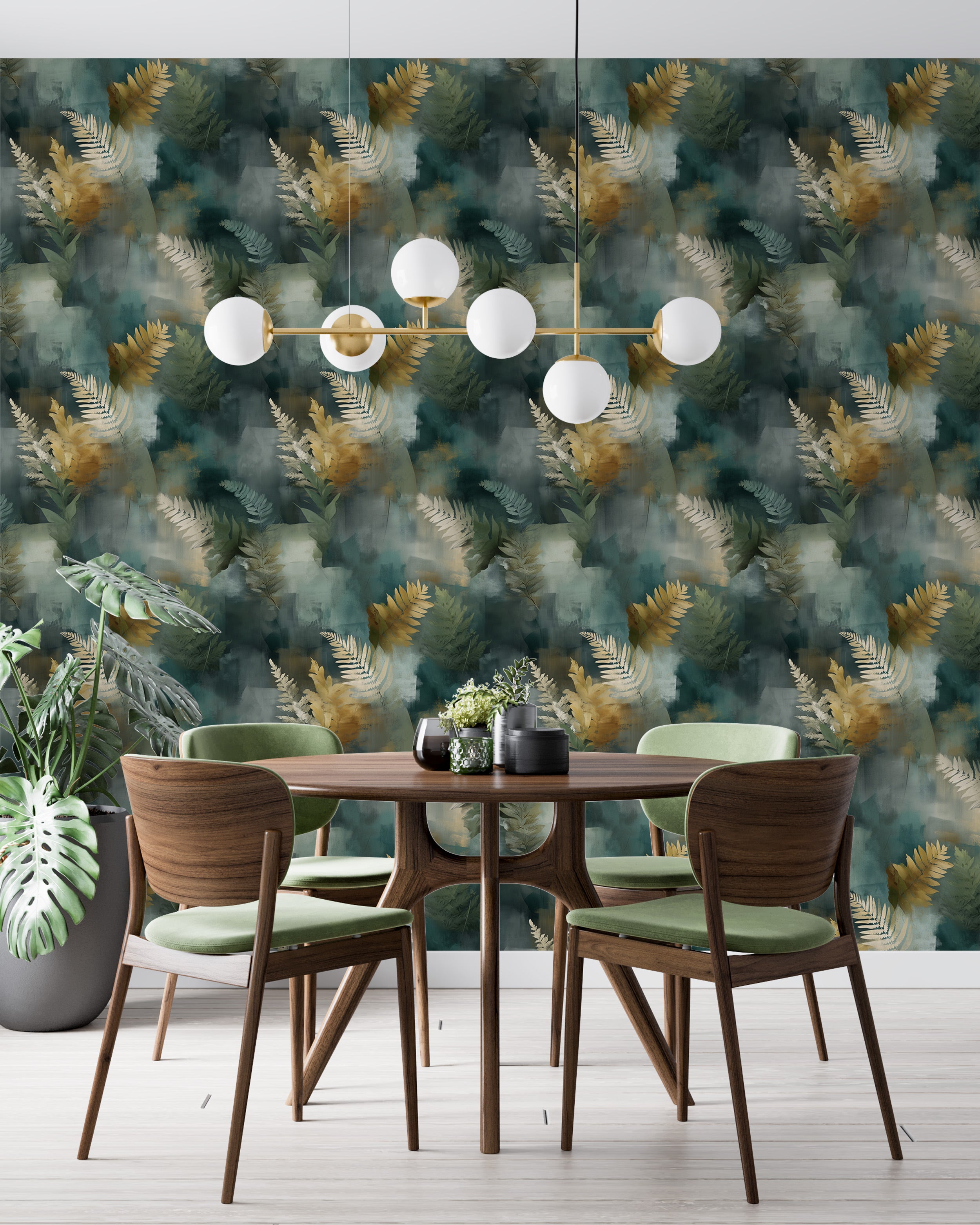 Abstract botanical wallpaper with golden ferns on teal watercolor background in a modern dining space with mid-century chairs