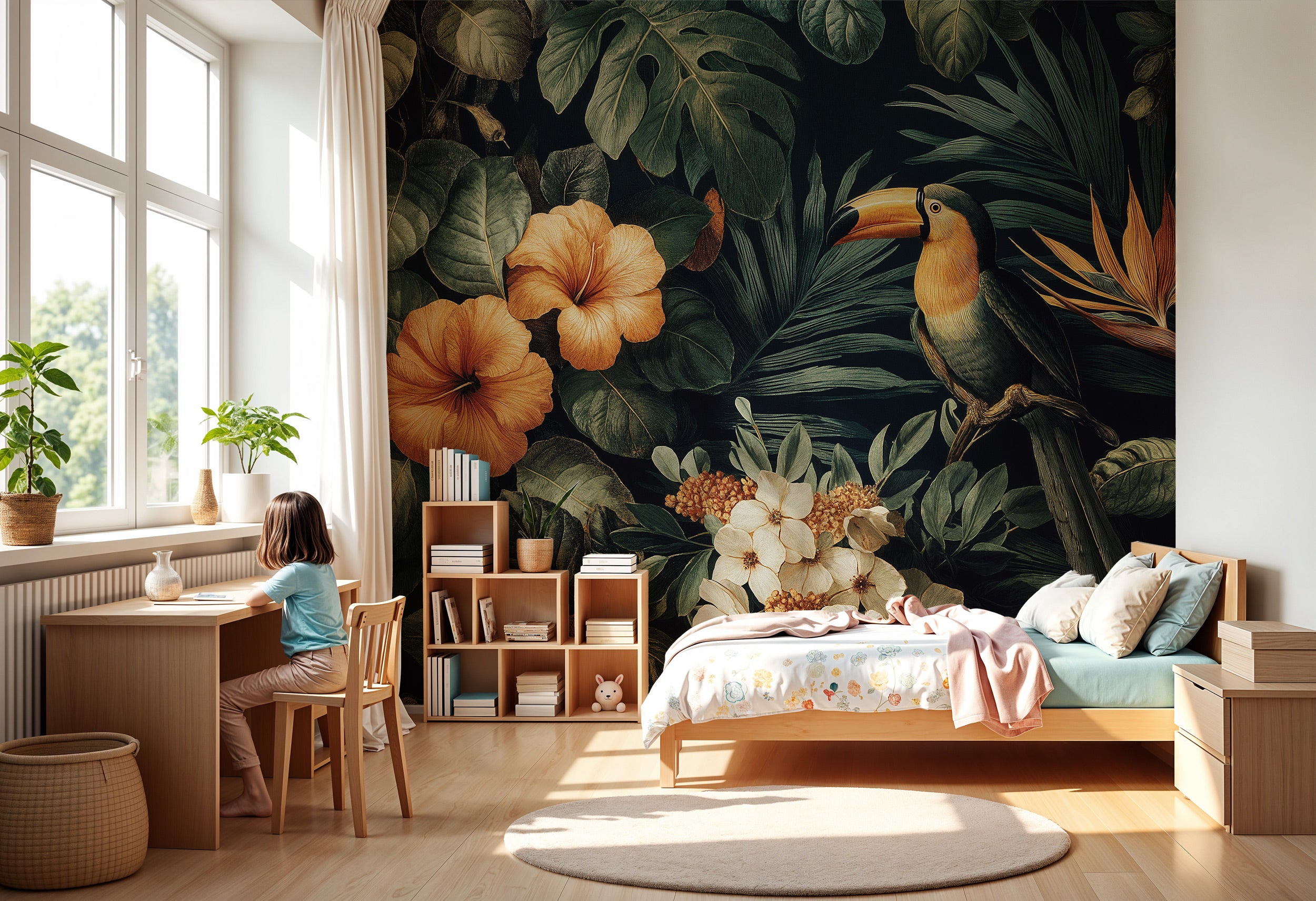 Tropical toucan mural with hibiscus and lush leaves in a bright kids’ bedroom featuring a study desk, wooden shelves, and a b