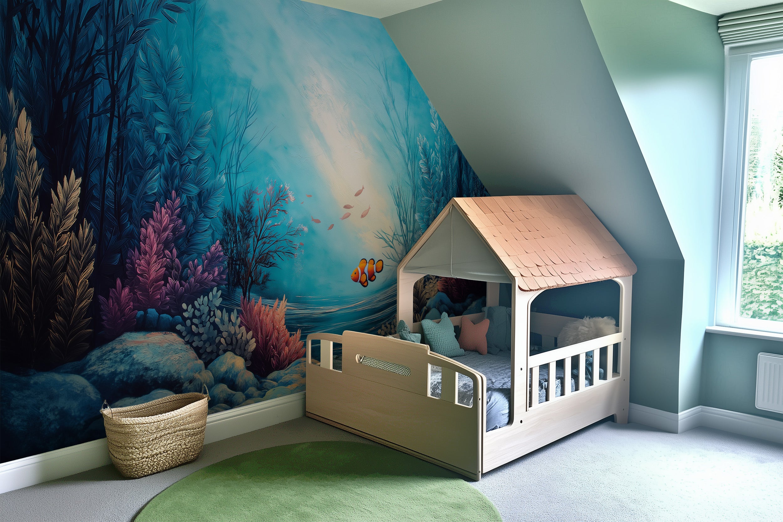 A tropical underwater mural of vibrant coral, sea plants, and clownfish in turquoise waters fills a child’s bedroom wall besi