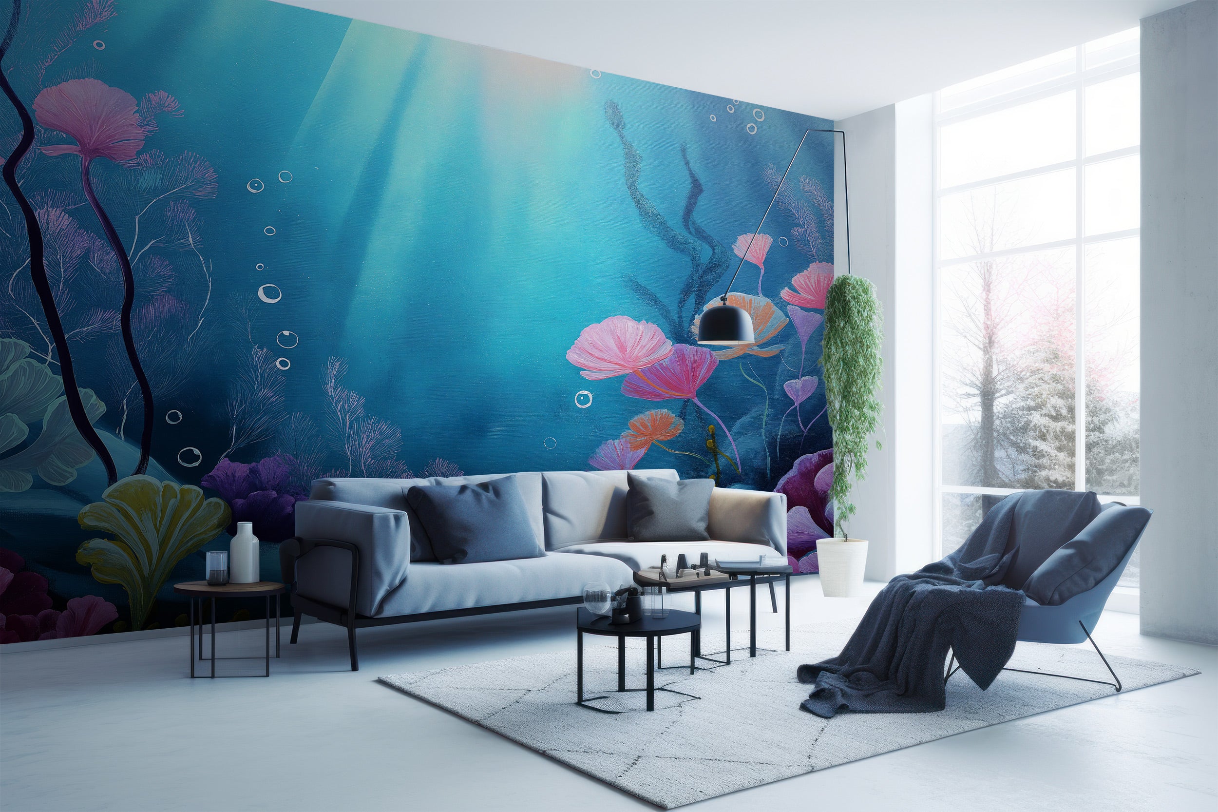 Underwater coral reef mural with vibrant blues and pinks, tropical fish and bubbles on a modern living room wall wallpaper de