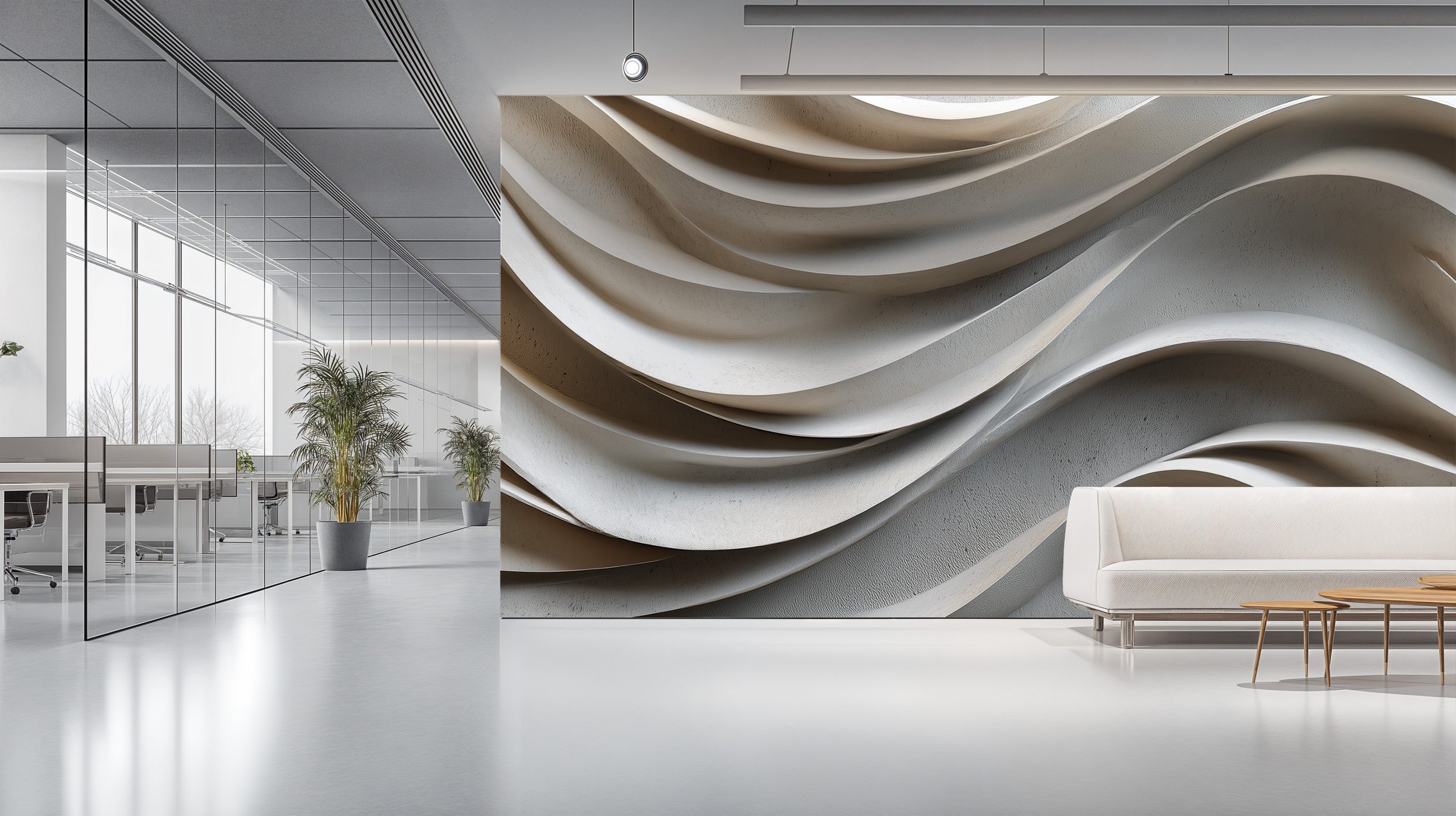 3D wave mural in a neutral beige and white tones displayed as a sculptural wall art in a modern office lounge with abstract f