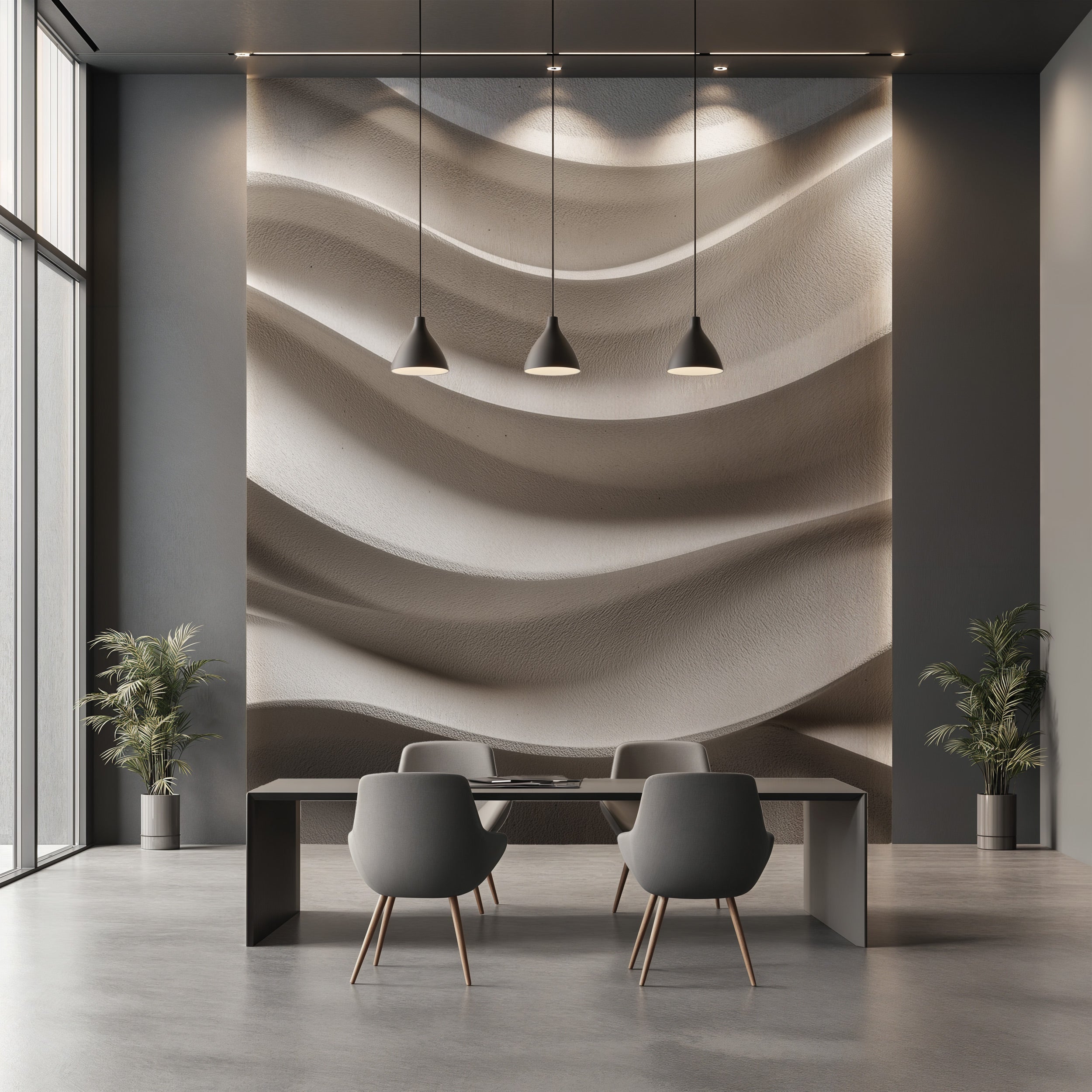 Abstract concrete wave mural in a modern beige living room with 3D textured wall art, dining table, and sculptural beige tone