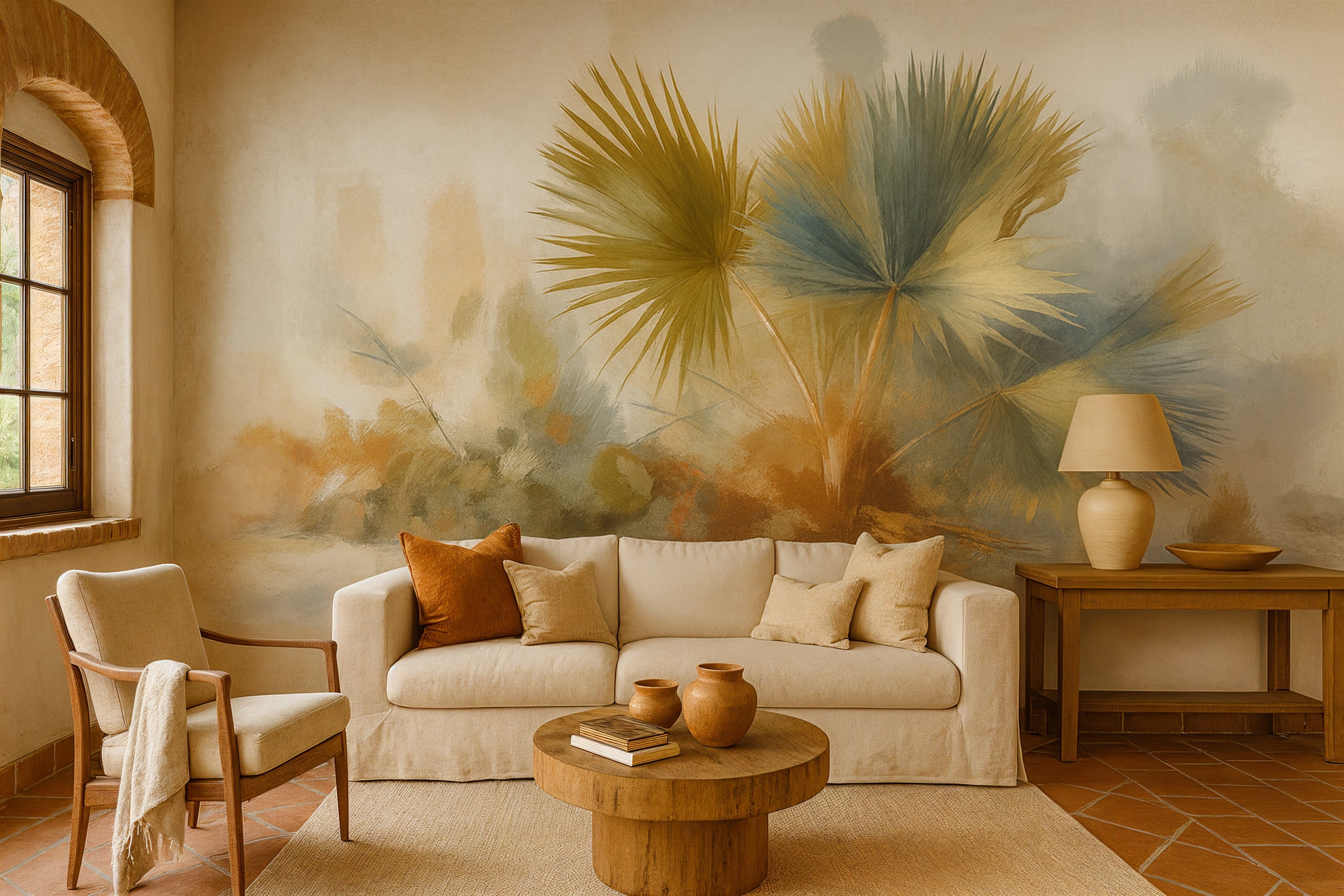 Watercolor palm tree mural in a warm living room with beige sofa, earthy pillows, wood accents and tropical botanical design
