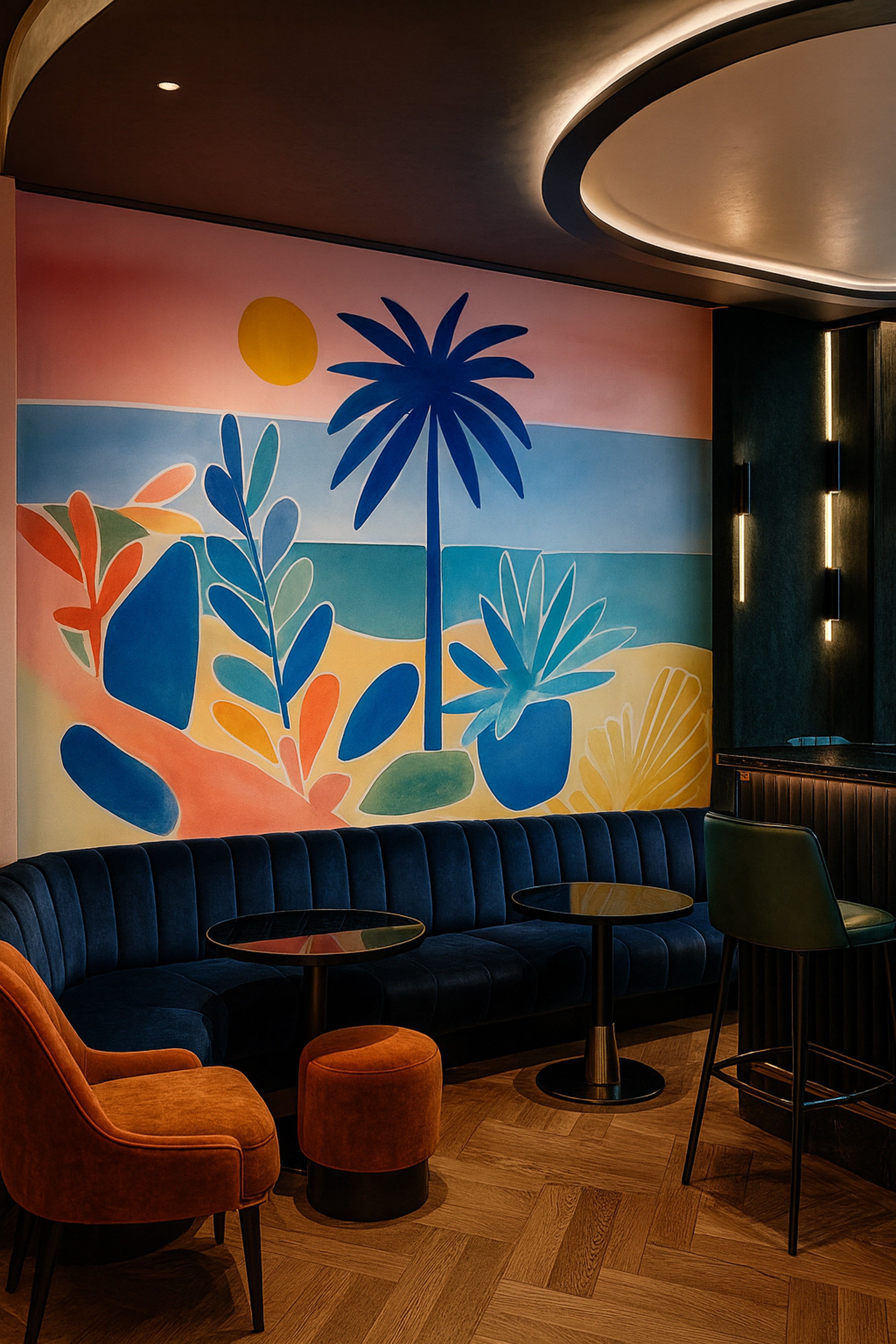 Vibrant tropical paradise mural with palm trees and colorful foliage in a stylish bar setting, blues oranges teals illuminate