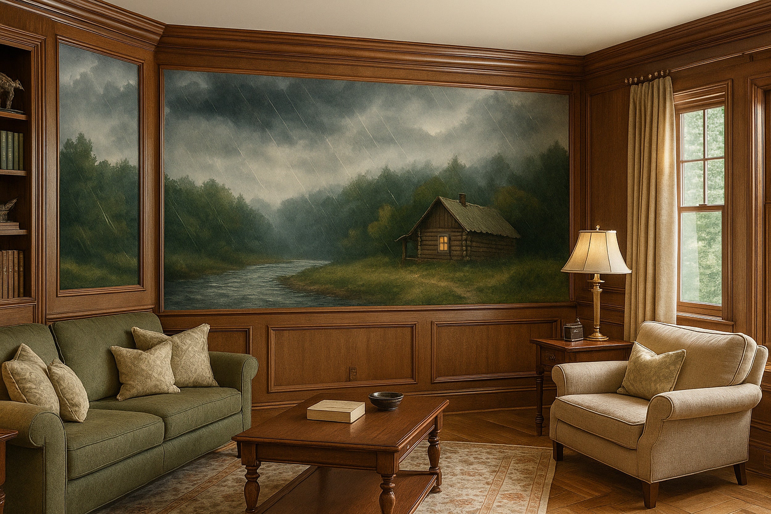 Rainy forest cabin mural on wood-paneled living room wall with moody stormy skies, cozy cabin by a river, warm lighting and n