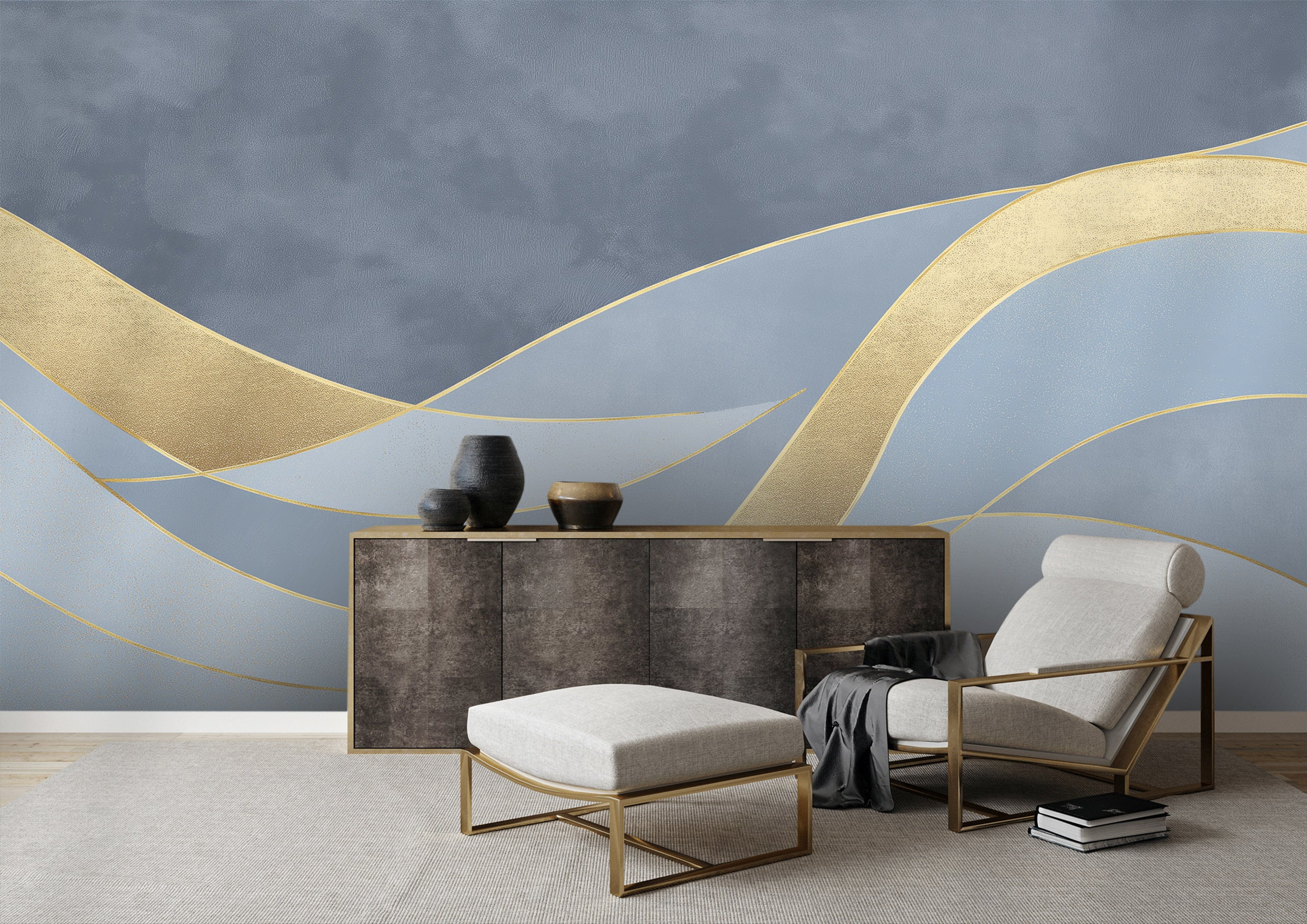 Abstract golden curves mural on blue grey wall with gold accents, modern living room setting and neutral furniture